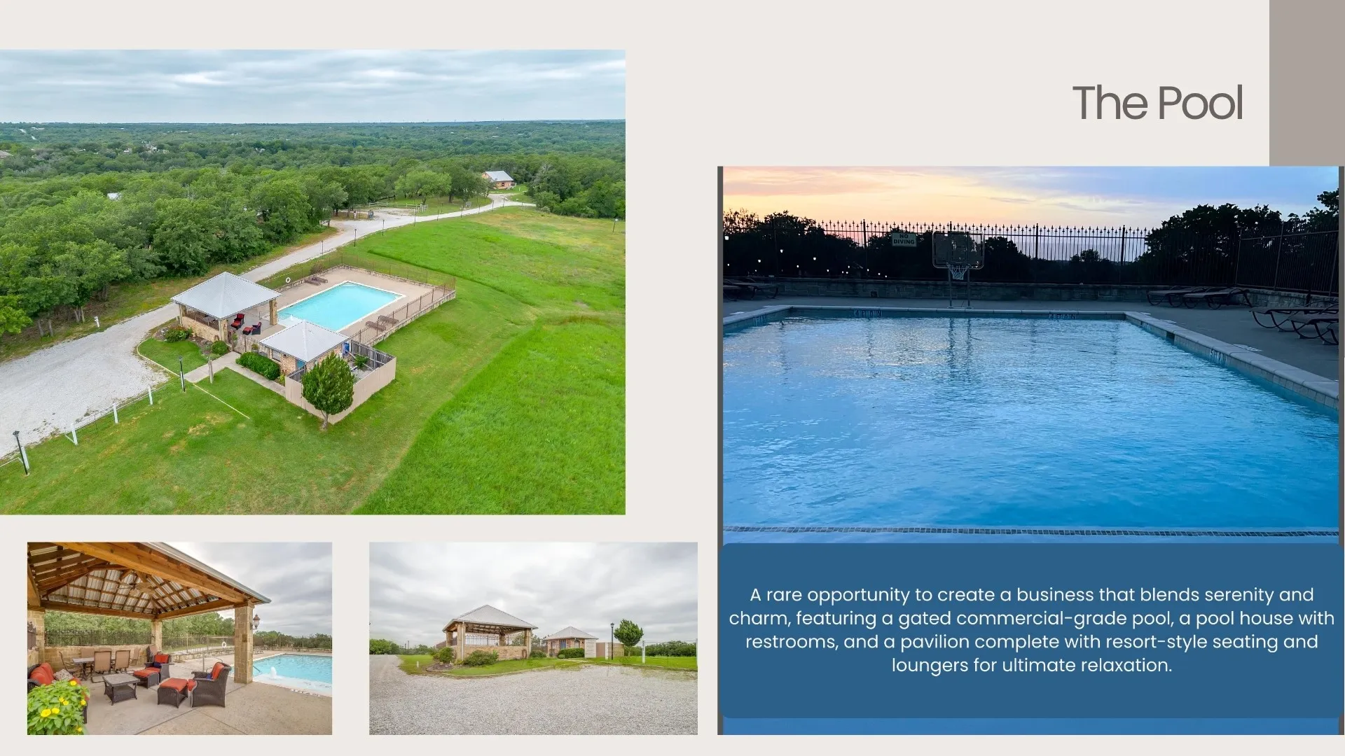 Pool is gated; within gated area is the Gazebo and pool house for changing and restroom.