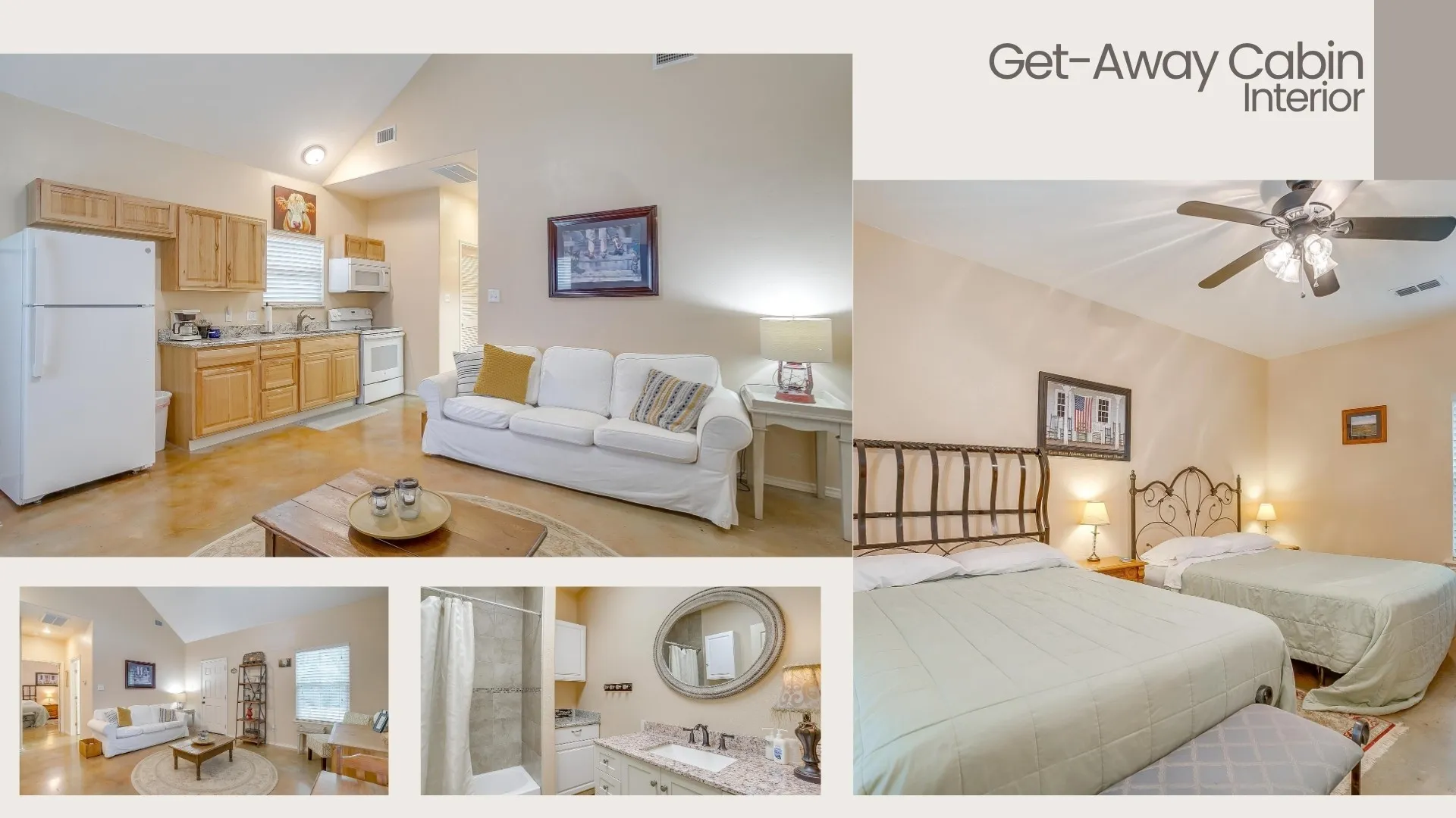 4th home living, kitchen and bedroom/bathroom collage.