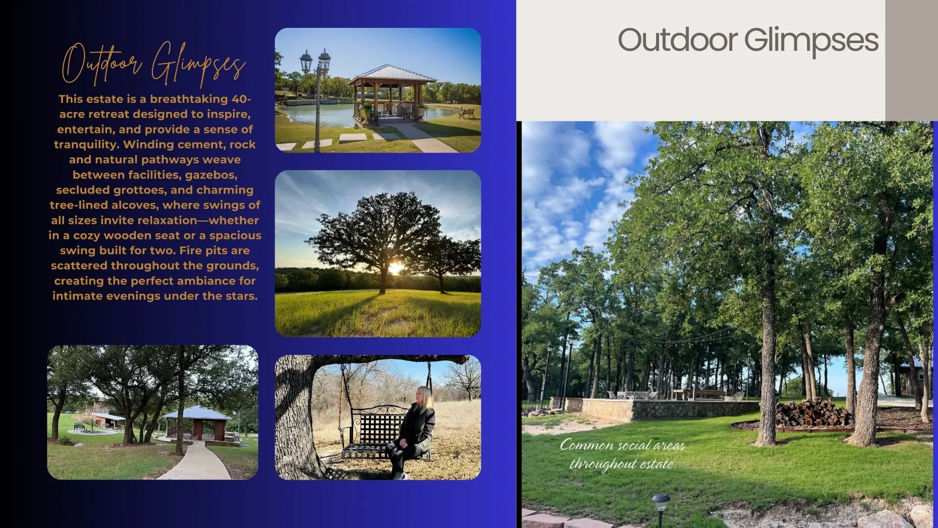 Various views of outdoor areas.