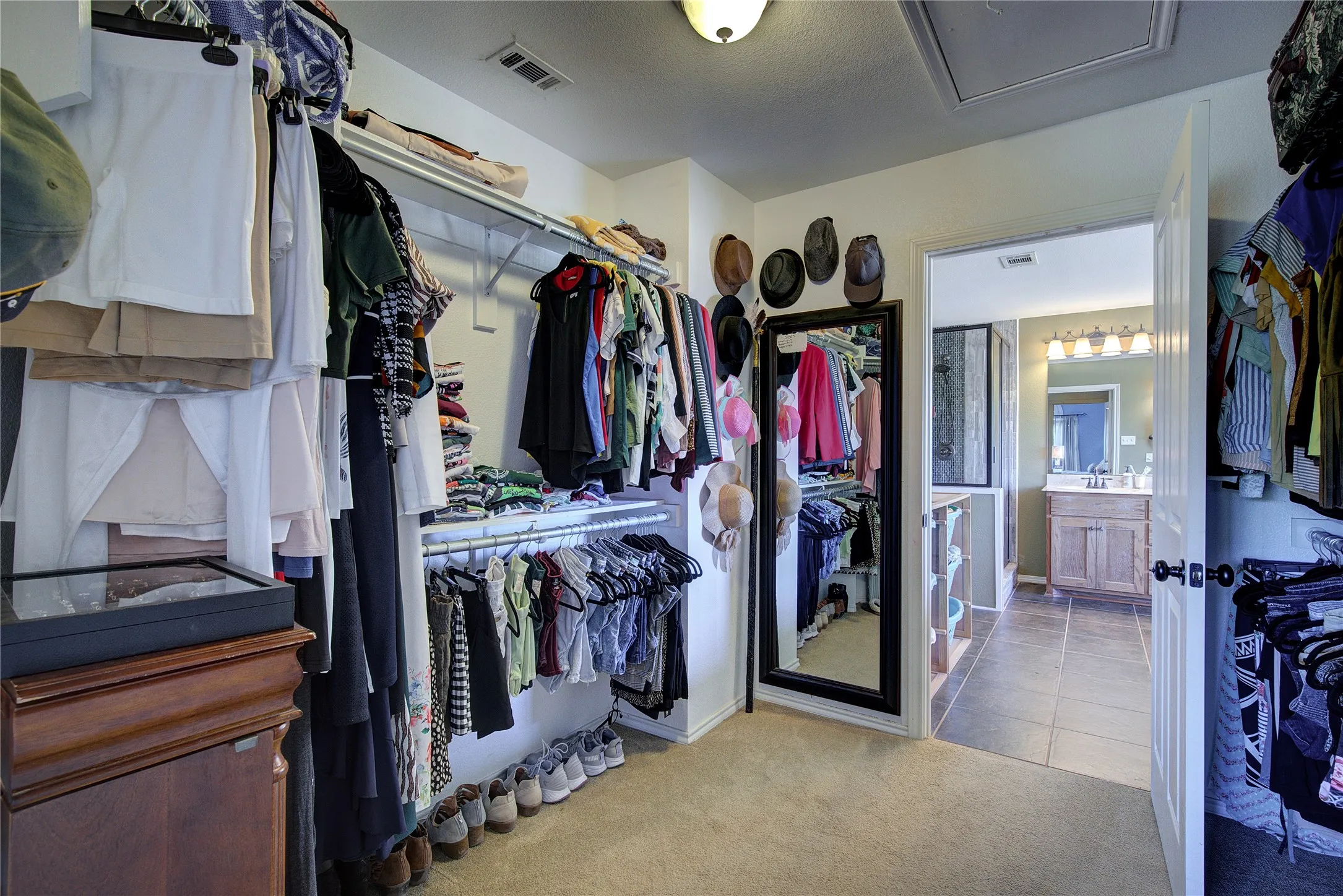 Walk in closet featuring light colored carpet