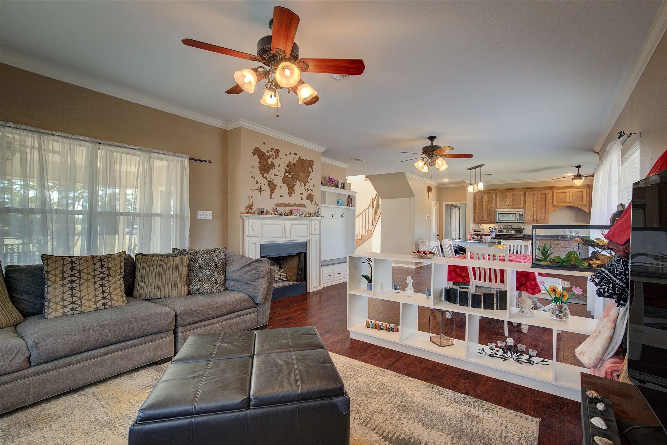 Living room with crown molding, a wealth of natural light, dark wood-type flooring, and ceiling fan