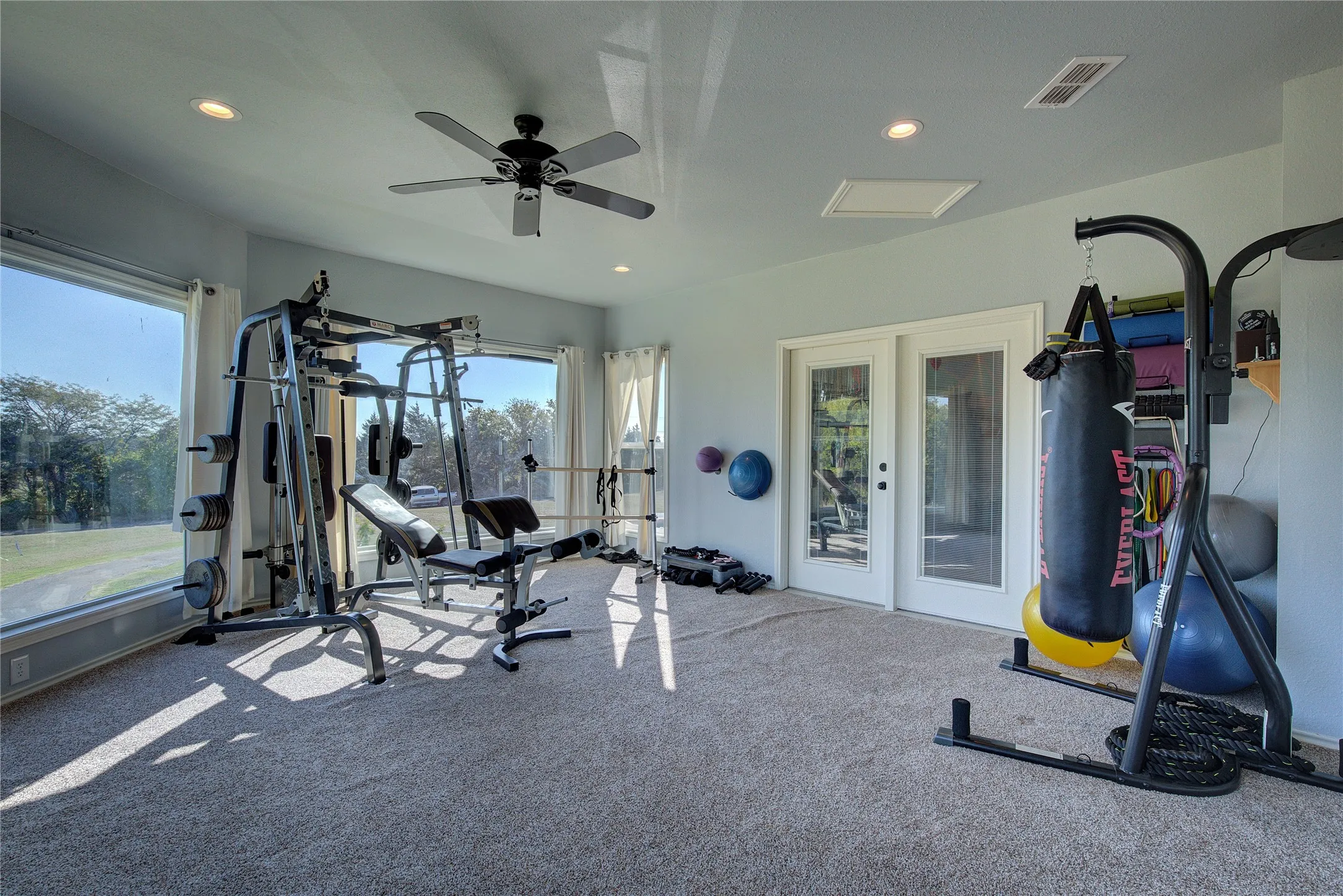 Exercise room featuring ceiling fan, french doors, and carpet