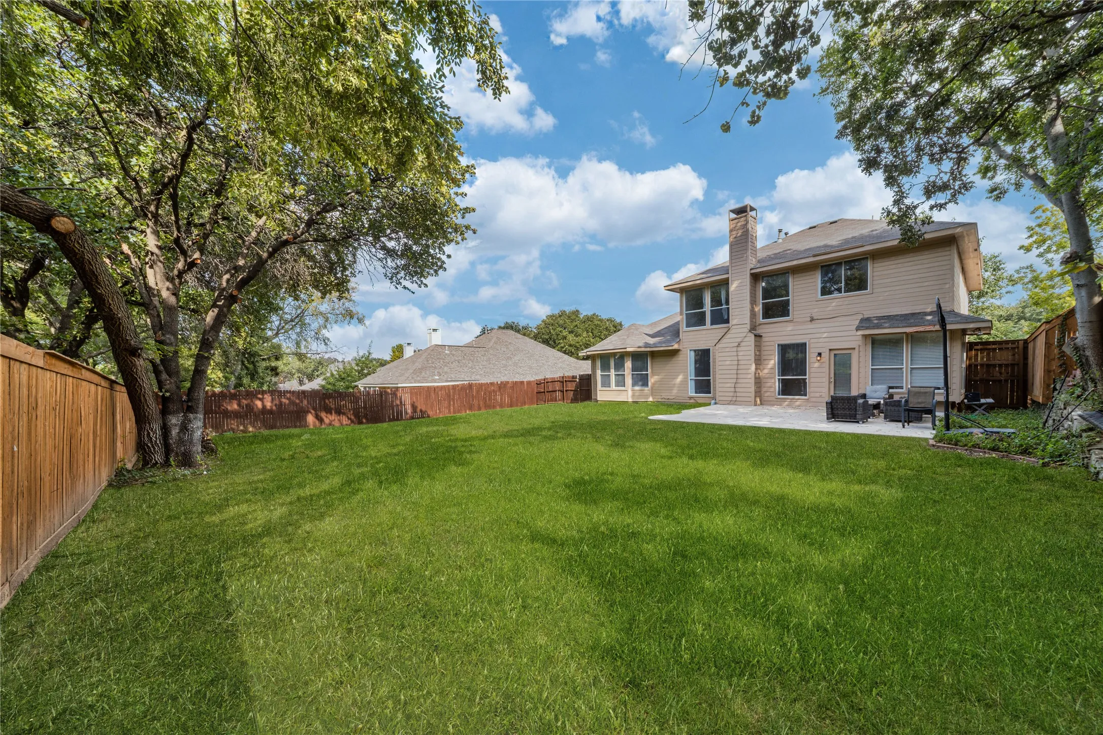 Back of house with a fenced backyard, patio to relax and pool size backyard to enjoy all year round.