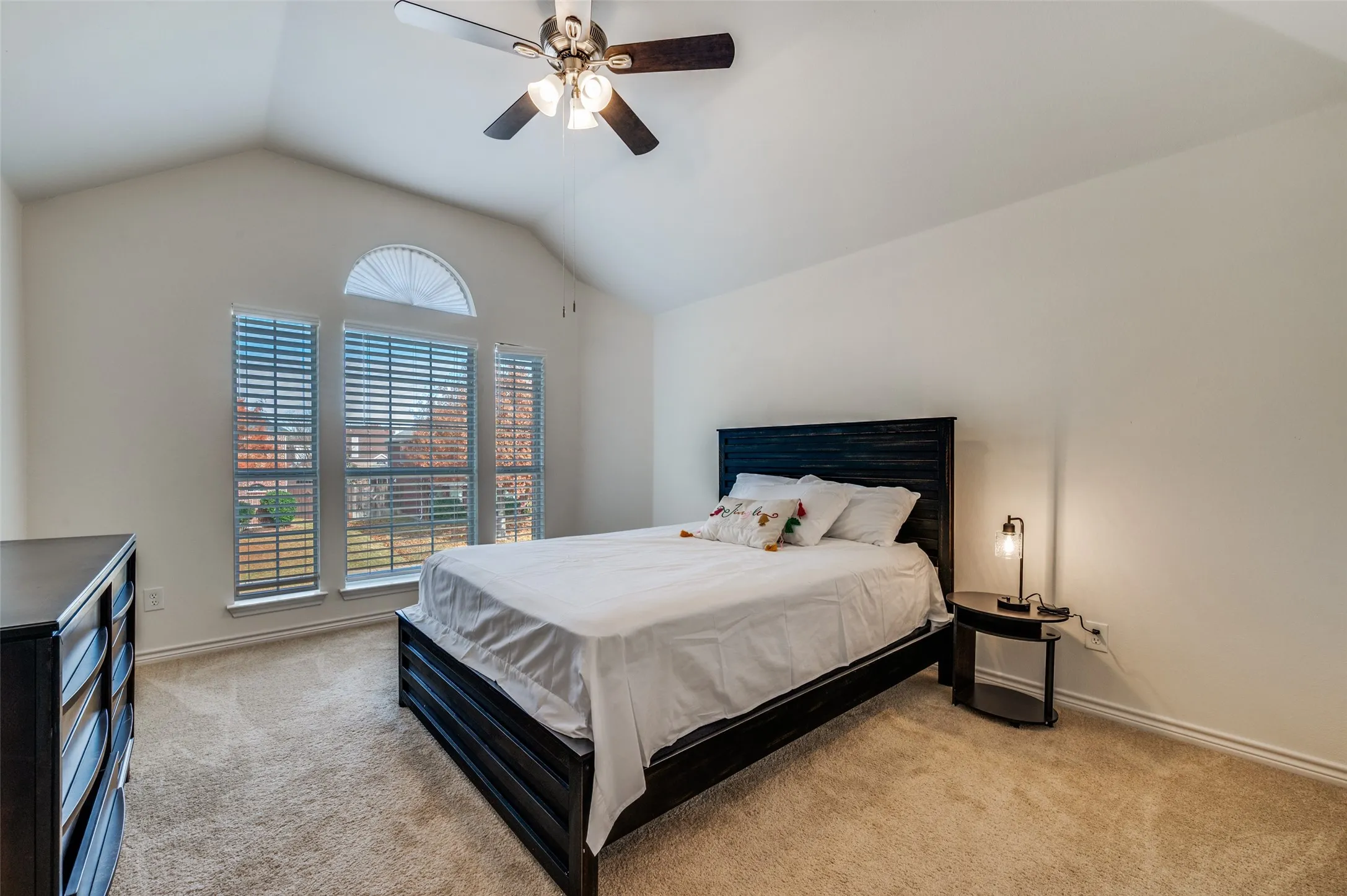 Carpeted room featuring lofted ceiling and ceiling fan