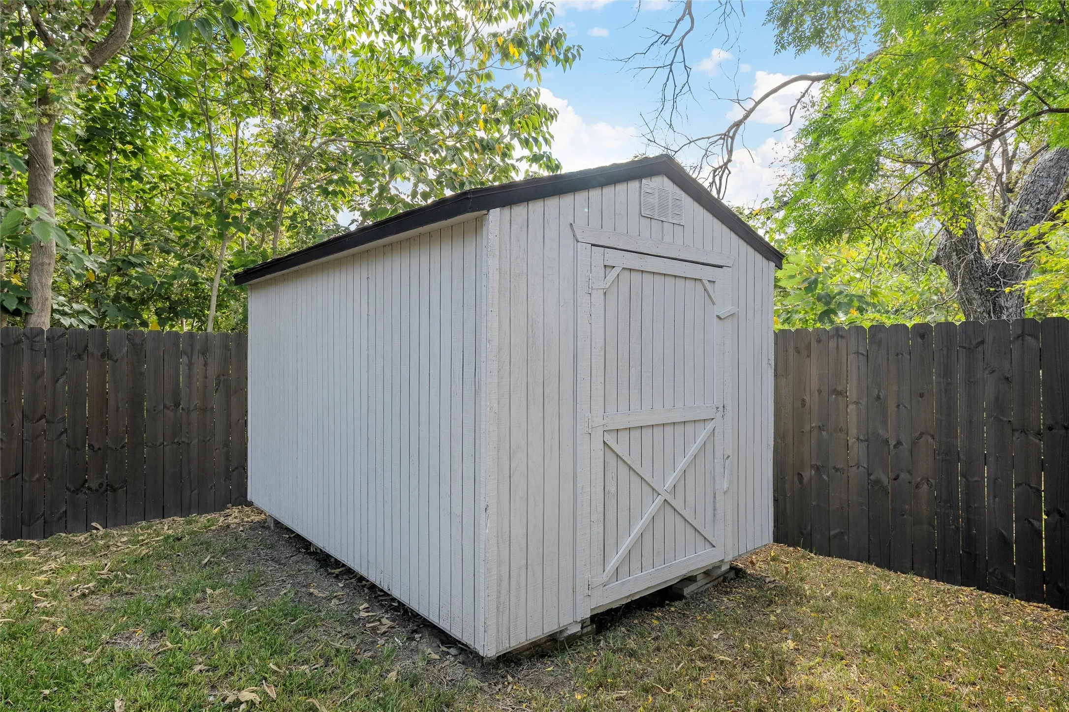 View of shed with a fenced backyard