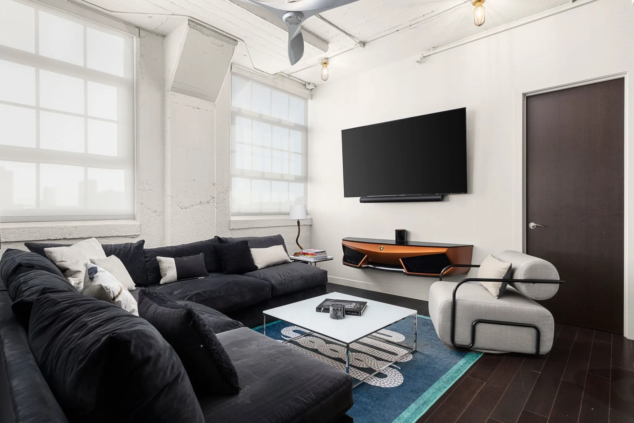 Living room with dark wood-style floors