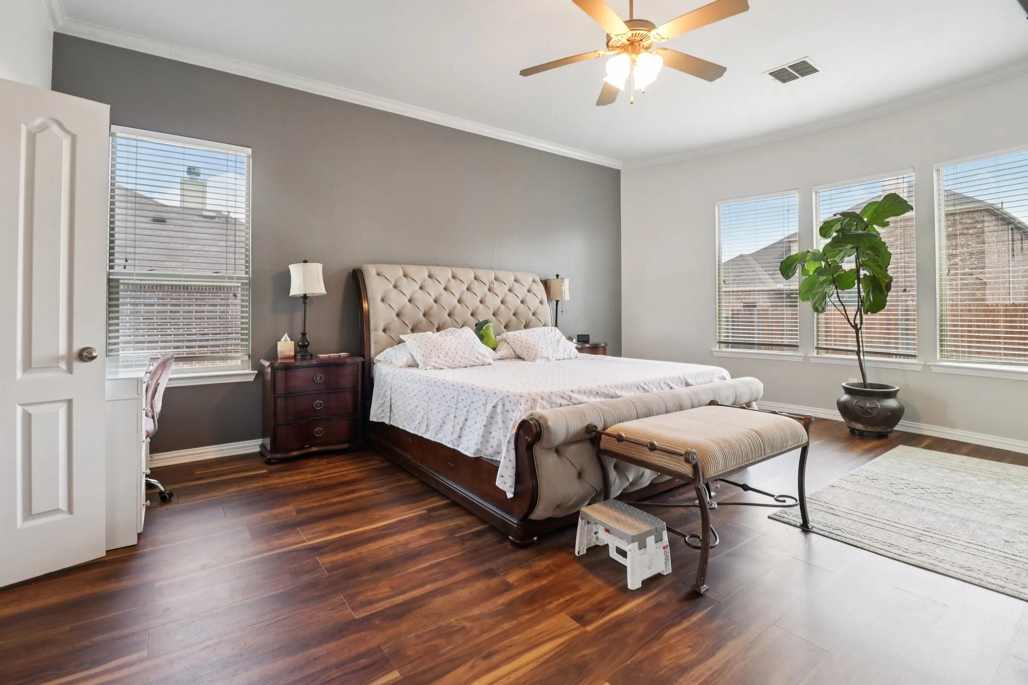 Bedroom with crown molding, multiple windows, dark wood-type flooring, and a ceiling fan