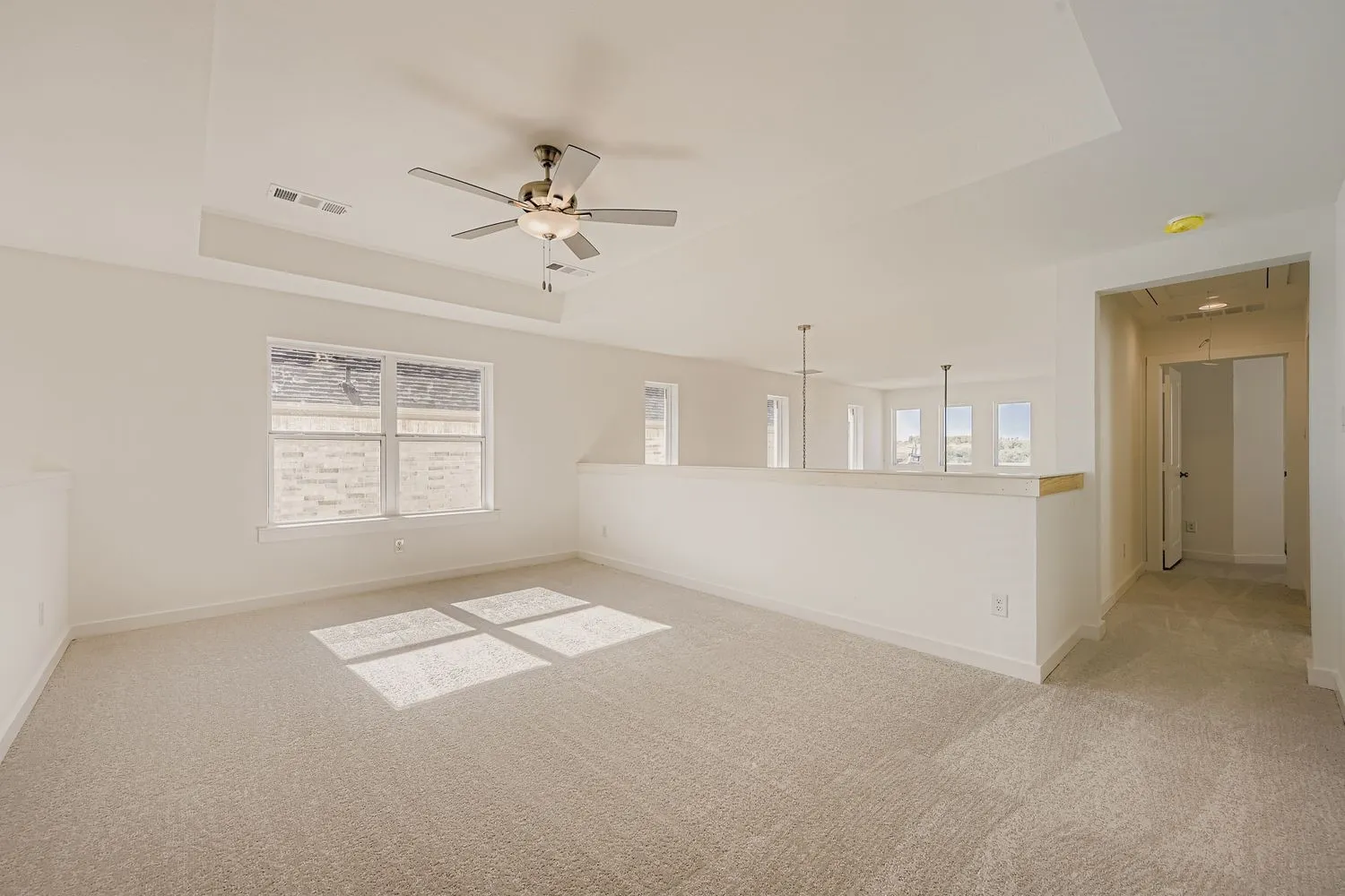 Unfurnished room with a tray ceiling, light colored carpet, and a ceiling fan