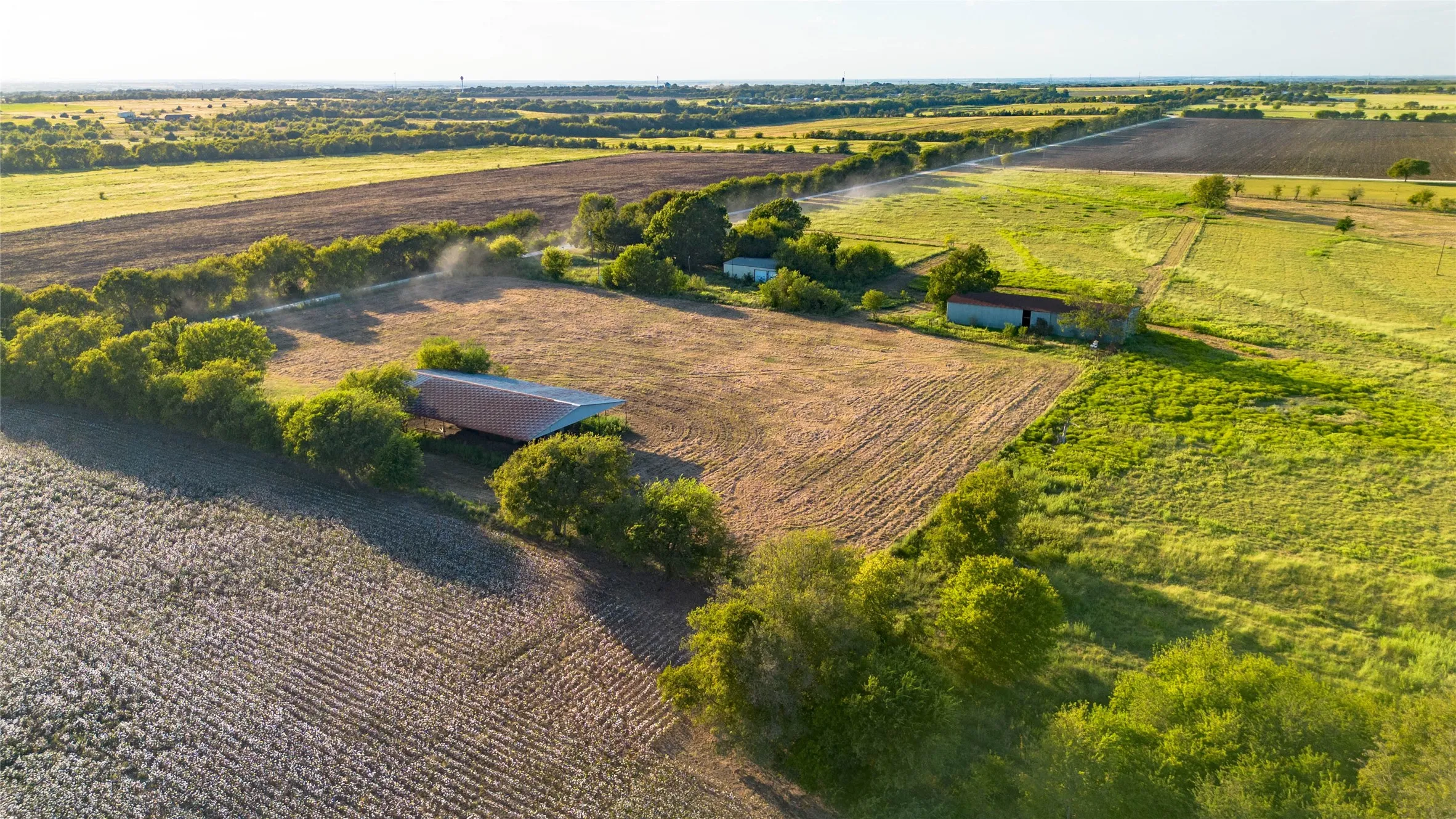 Overview of rural landscape with large plots for crops