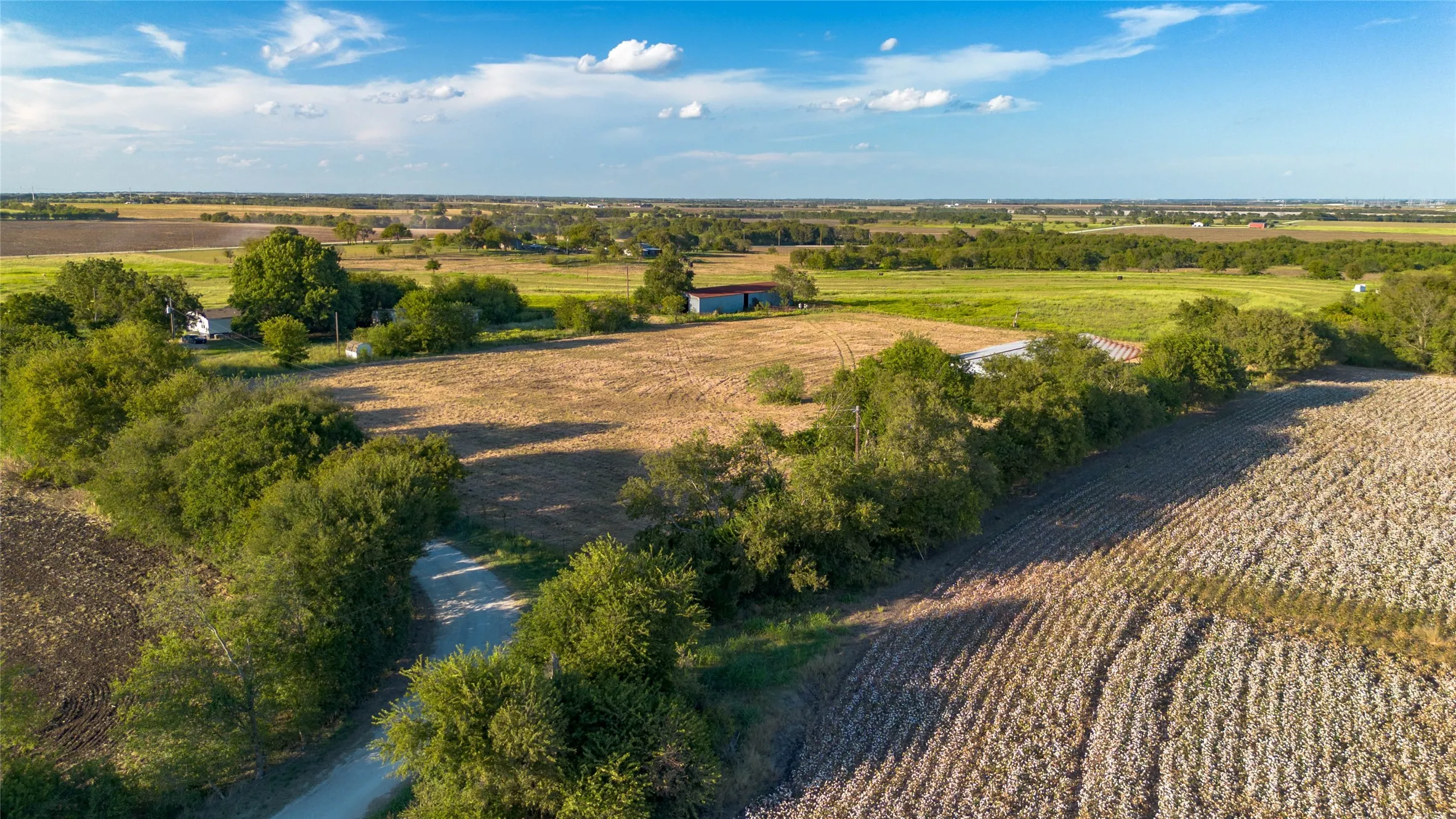 Aerial view of sparsely populated area with rows of crops