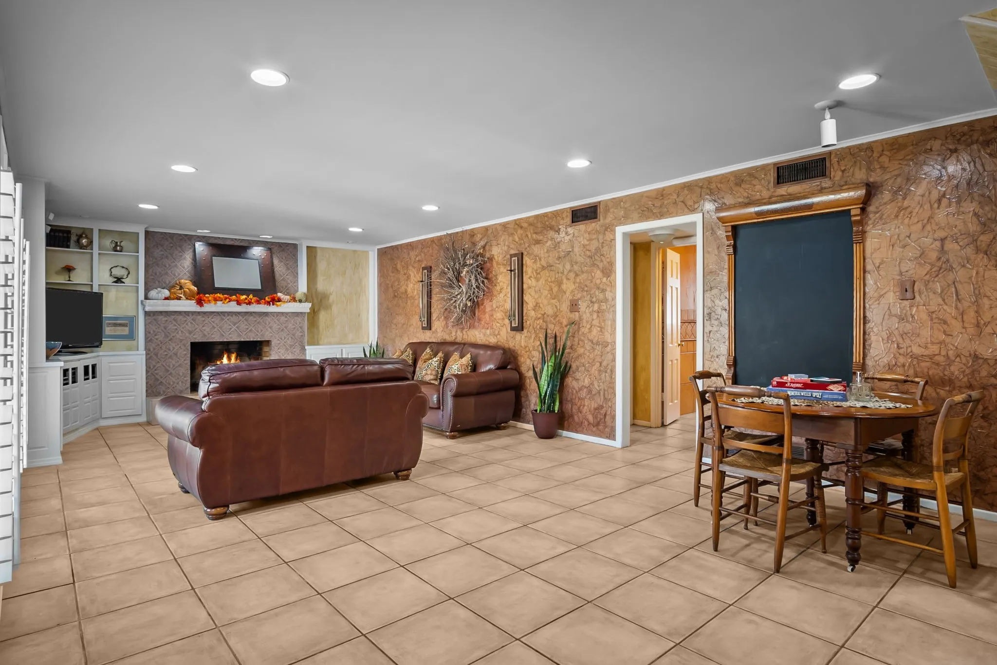 fireplace and game area