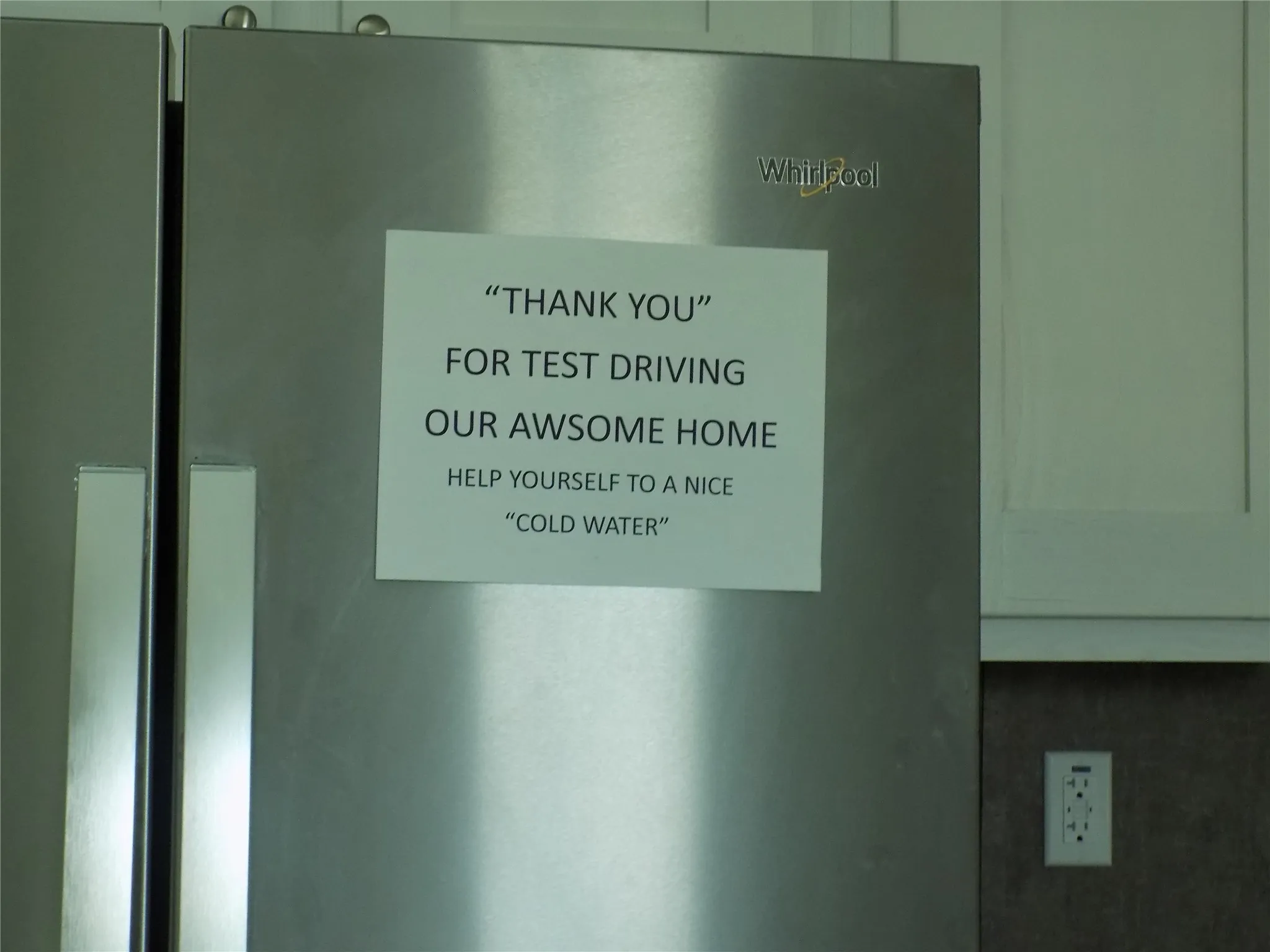 Seller's thank you posted on the refrigerator.