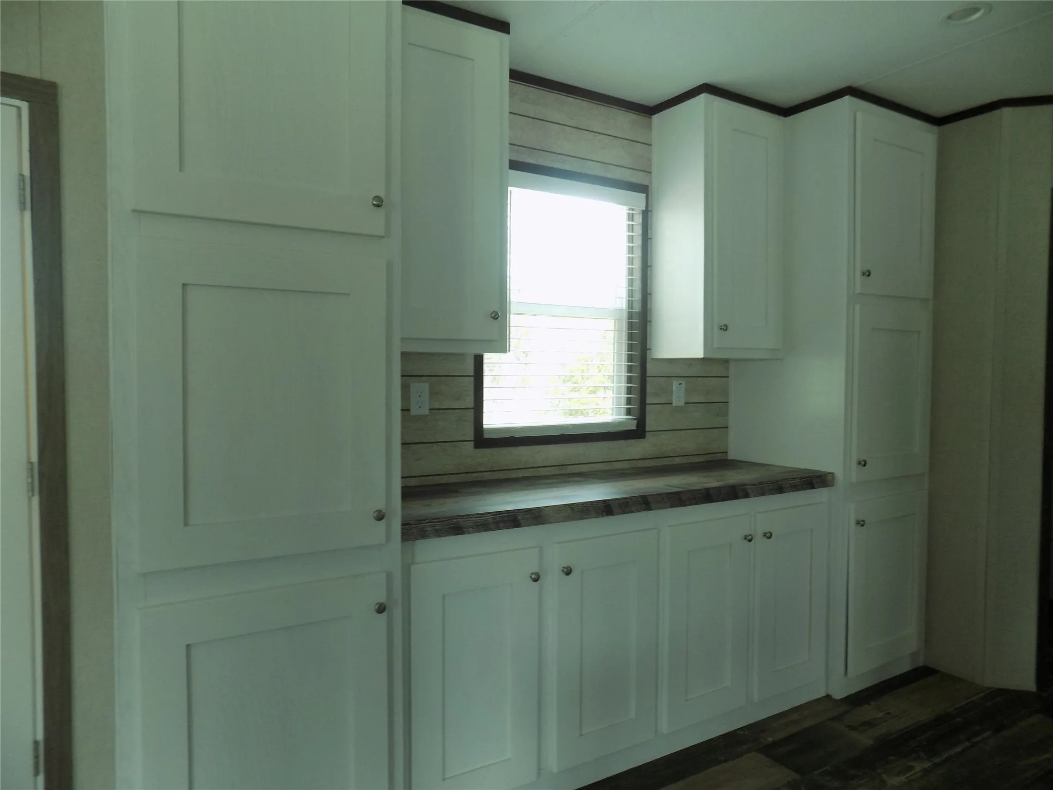 To the left of the entry and living room area, is an open large kitchen with multiple cabinets and countertop space.