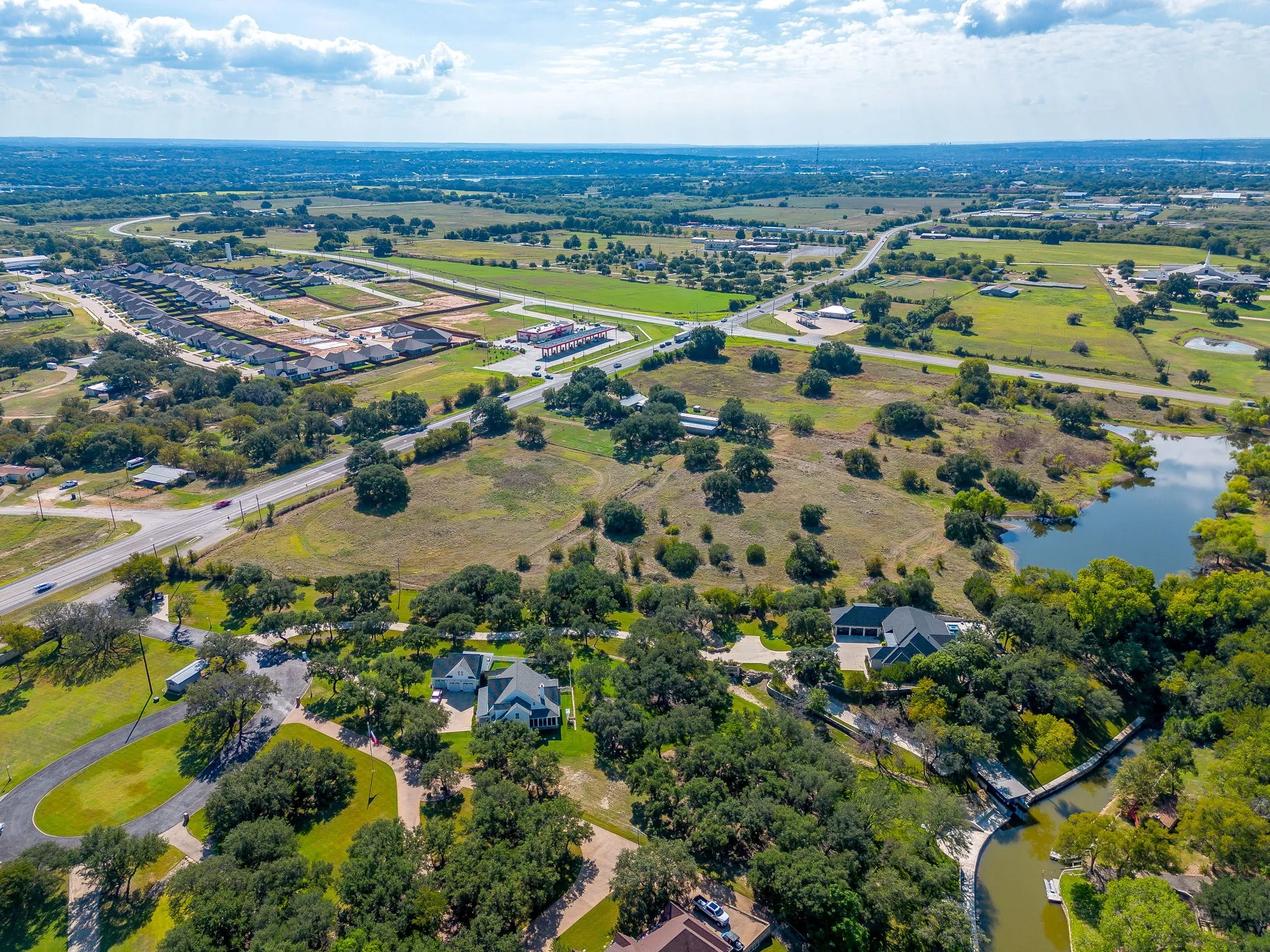 Aerial view of a nearby body of water