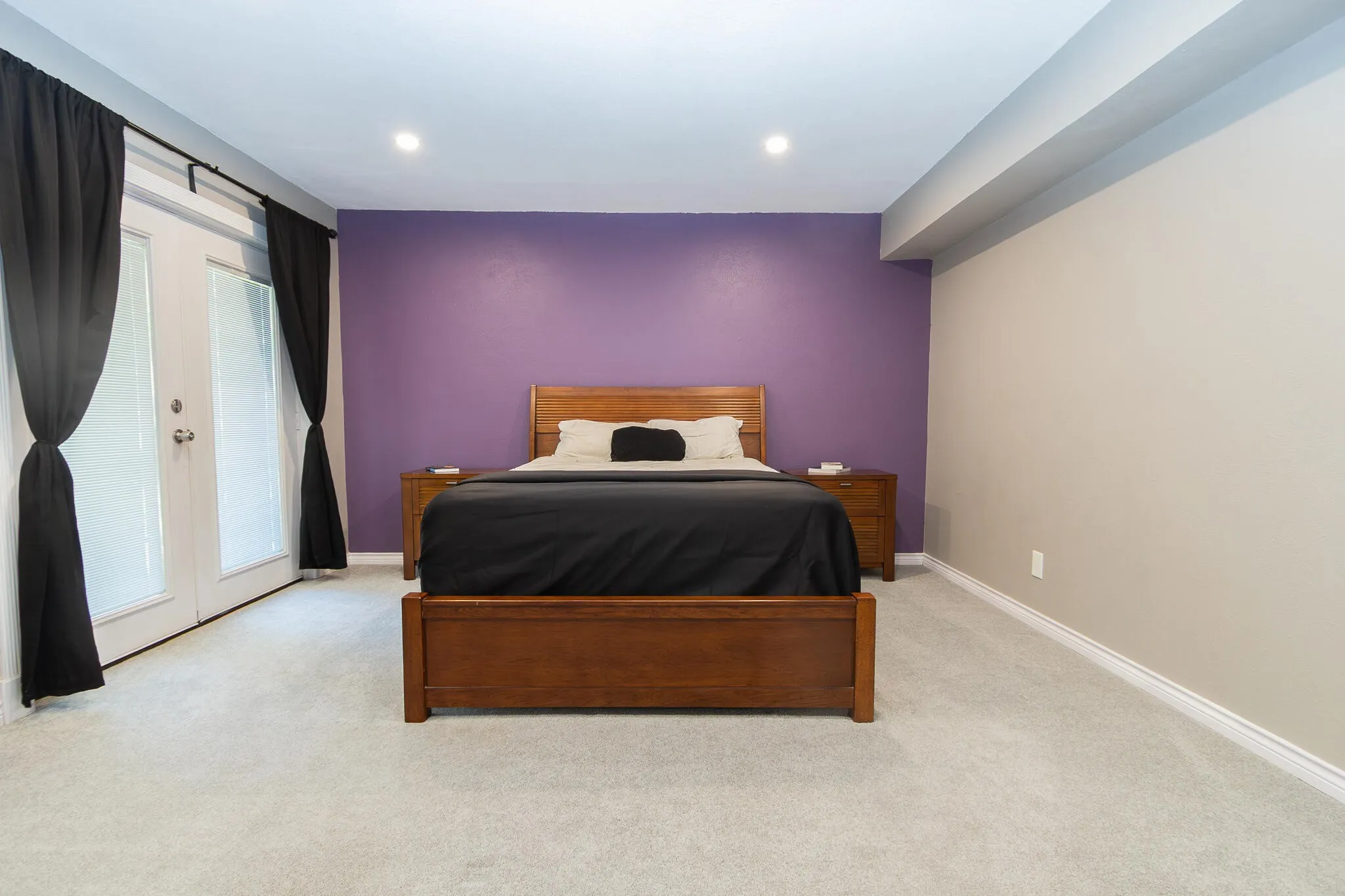 Bedroom with carpet, access to outside, french doors, and recessed lighting