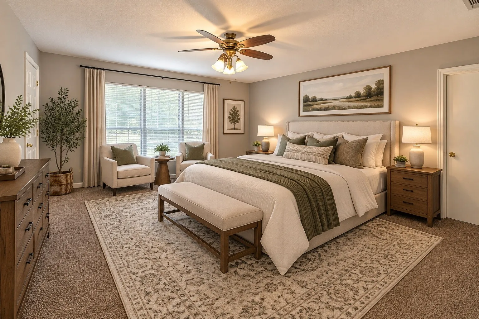 View of master bedroom that has been virtually staged.