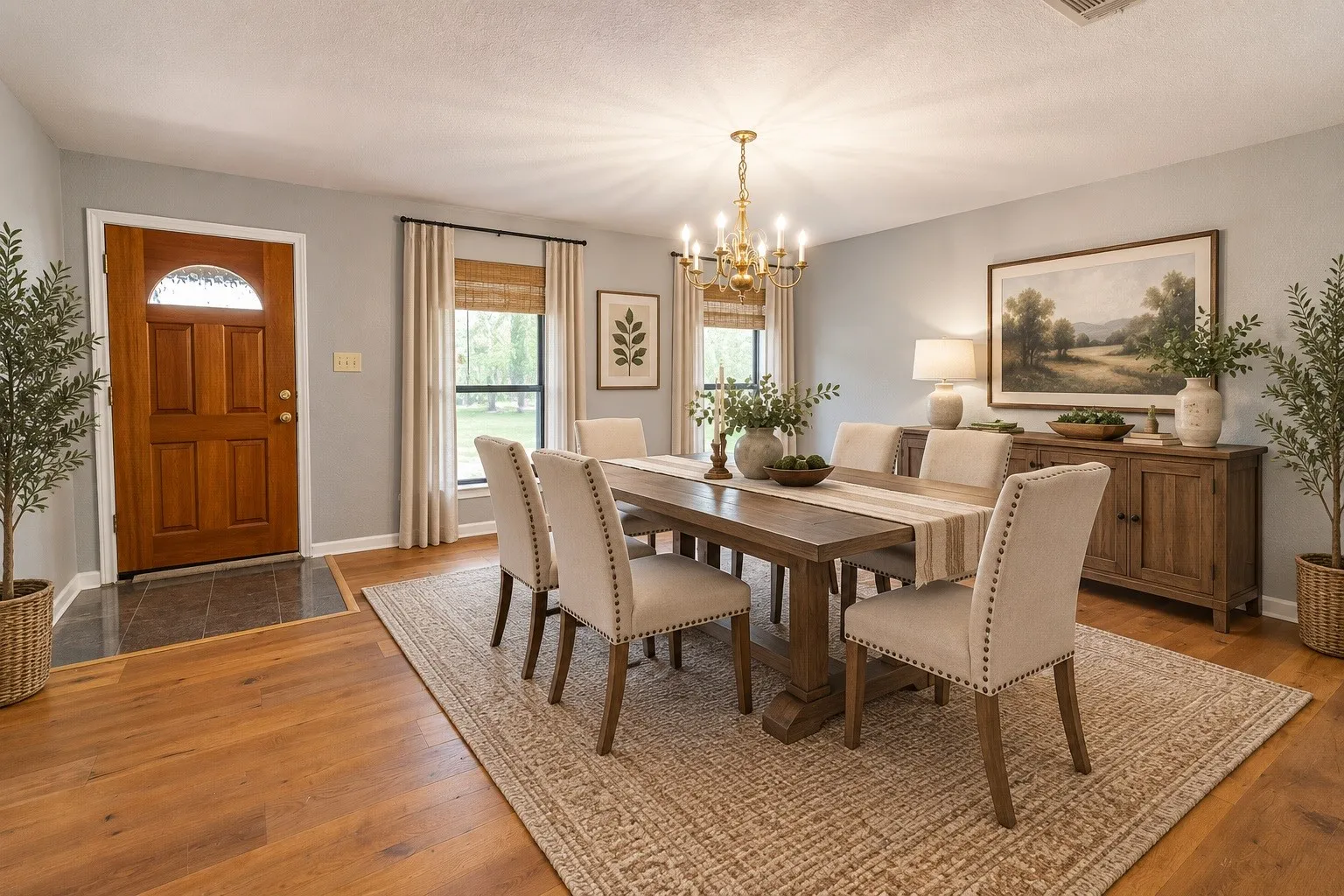 View of the dining room that has been virtually staged.