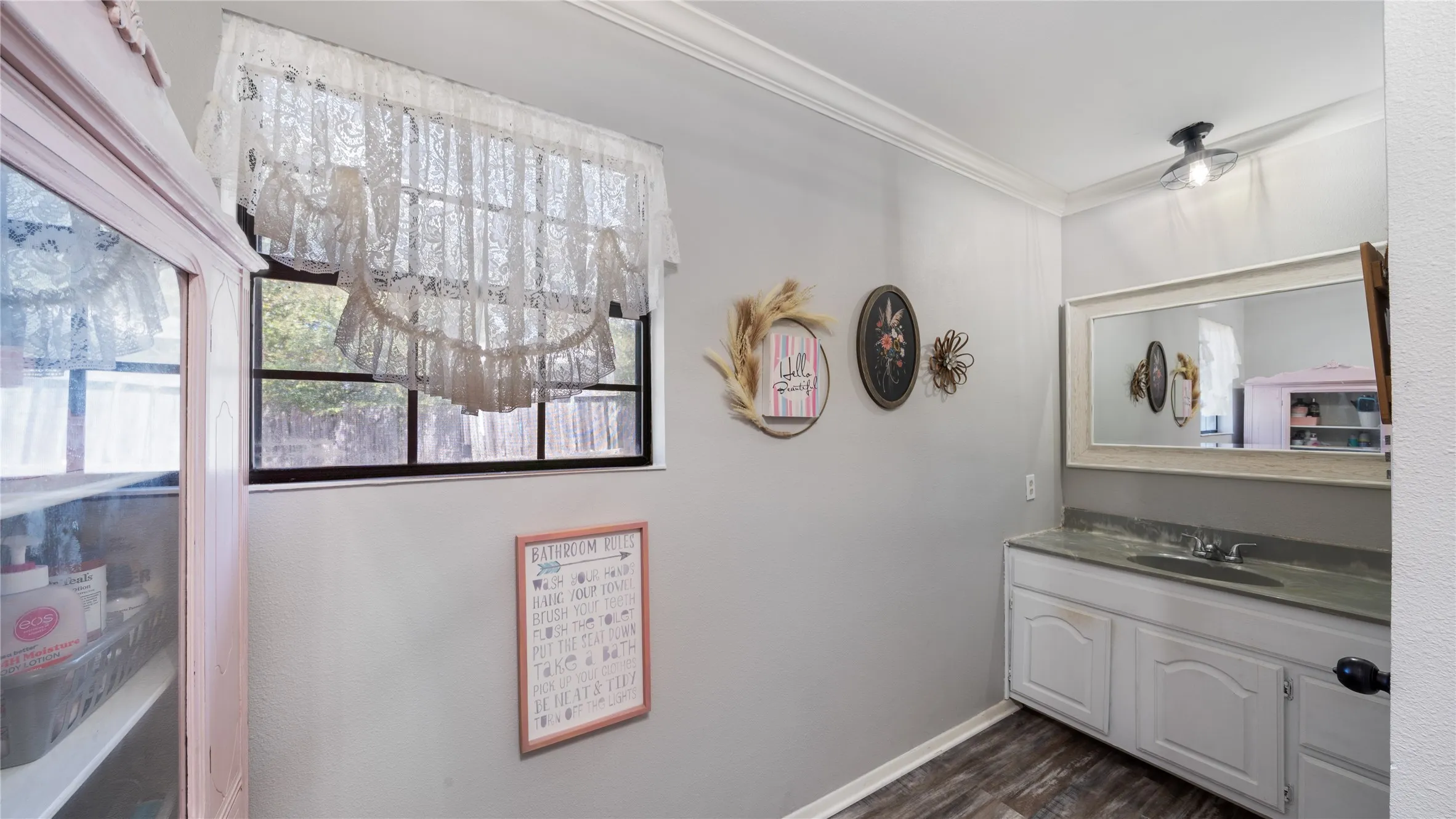 Bathroom featuring crown molding, vanity, and dark wood-style floors