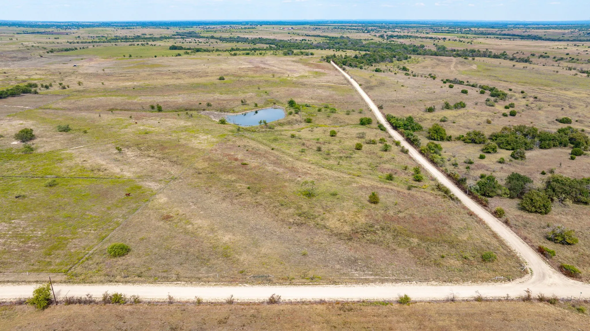Aerial view of sparsely populated area featuring a nearby body of water
