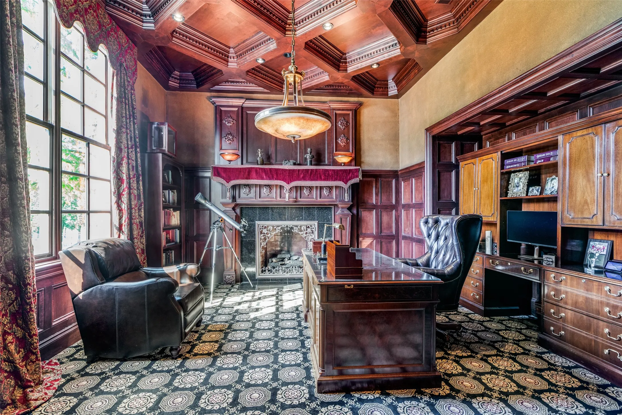 Office with Coffered Ceiling. Fireplace and Alabaster Light Fixture