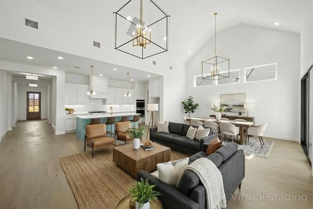 4730 Hawthorn Hills_Family Room, Dining & Kitchen Virtually Staged