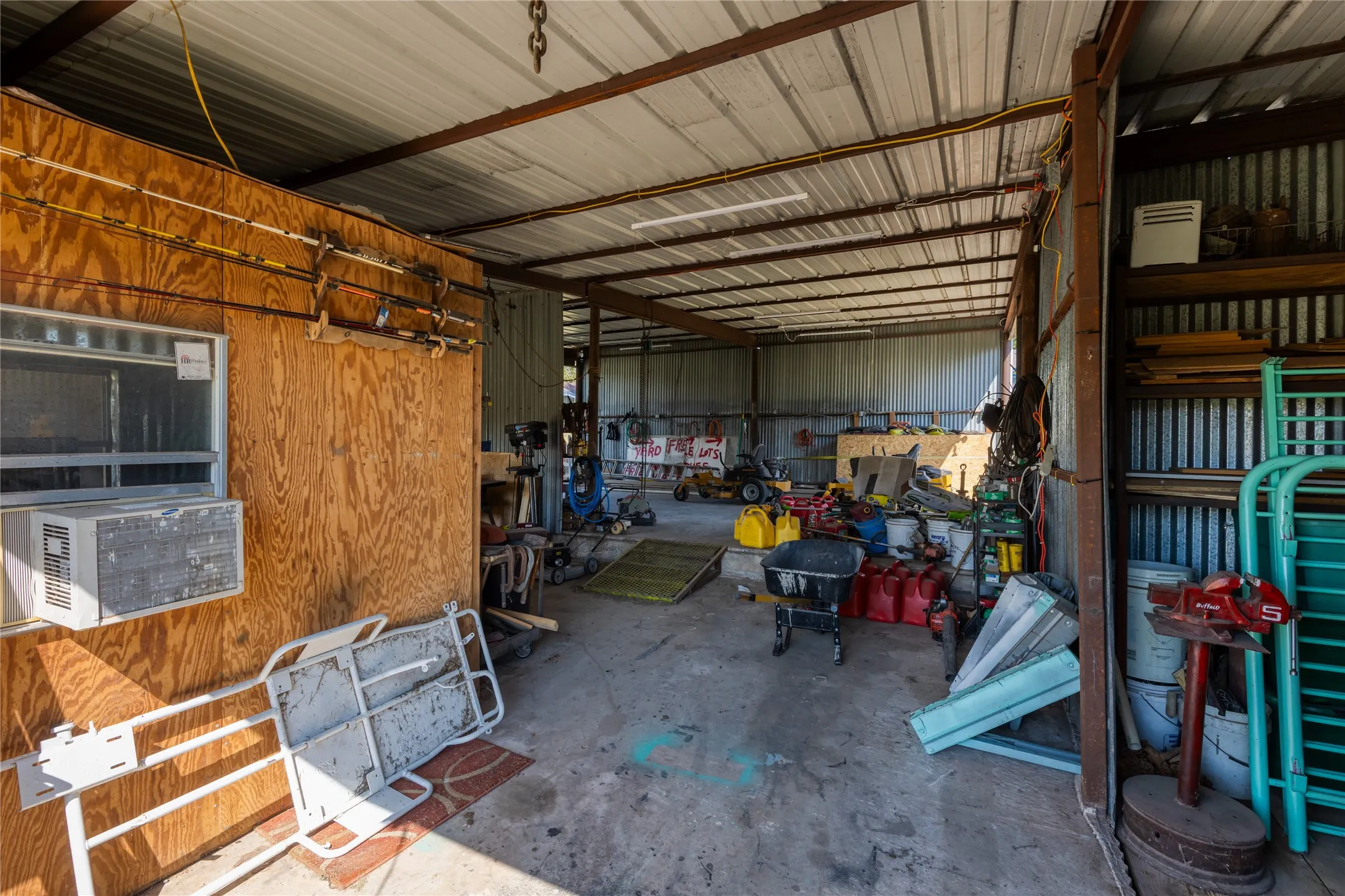 Garage with metal wall and cooling unit