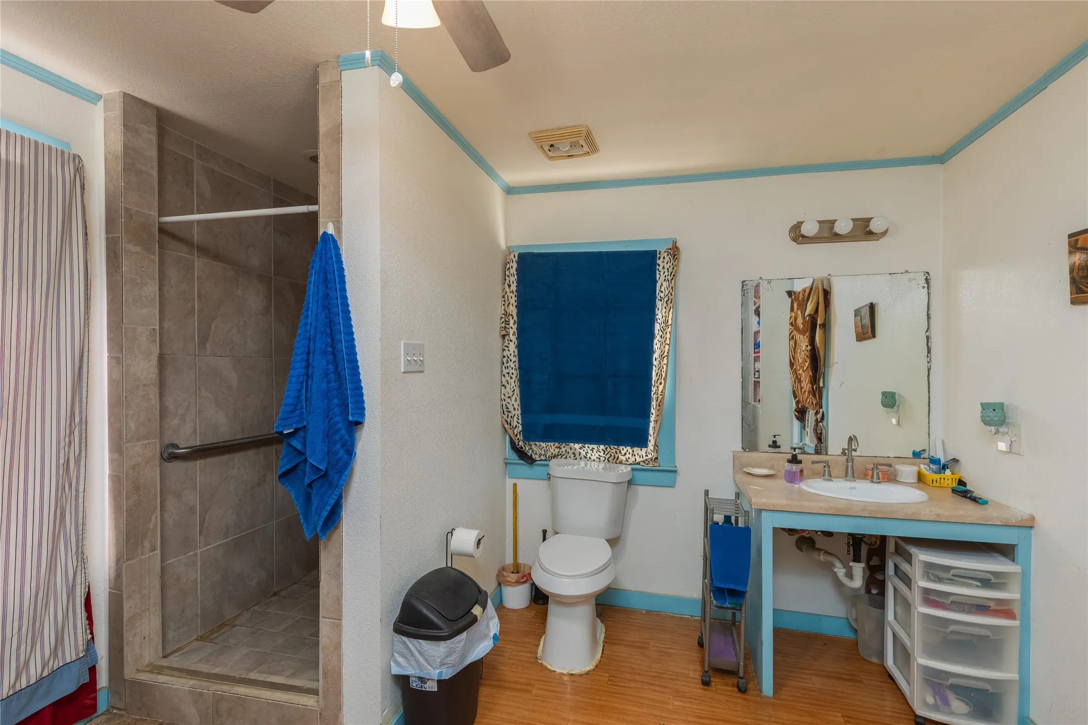 Full bathroom featuring a shower stall, wood finished floors, and a ceiling fan