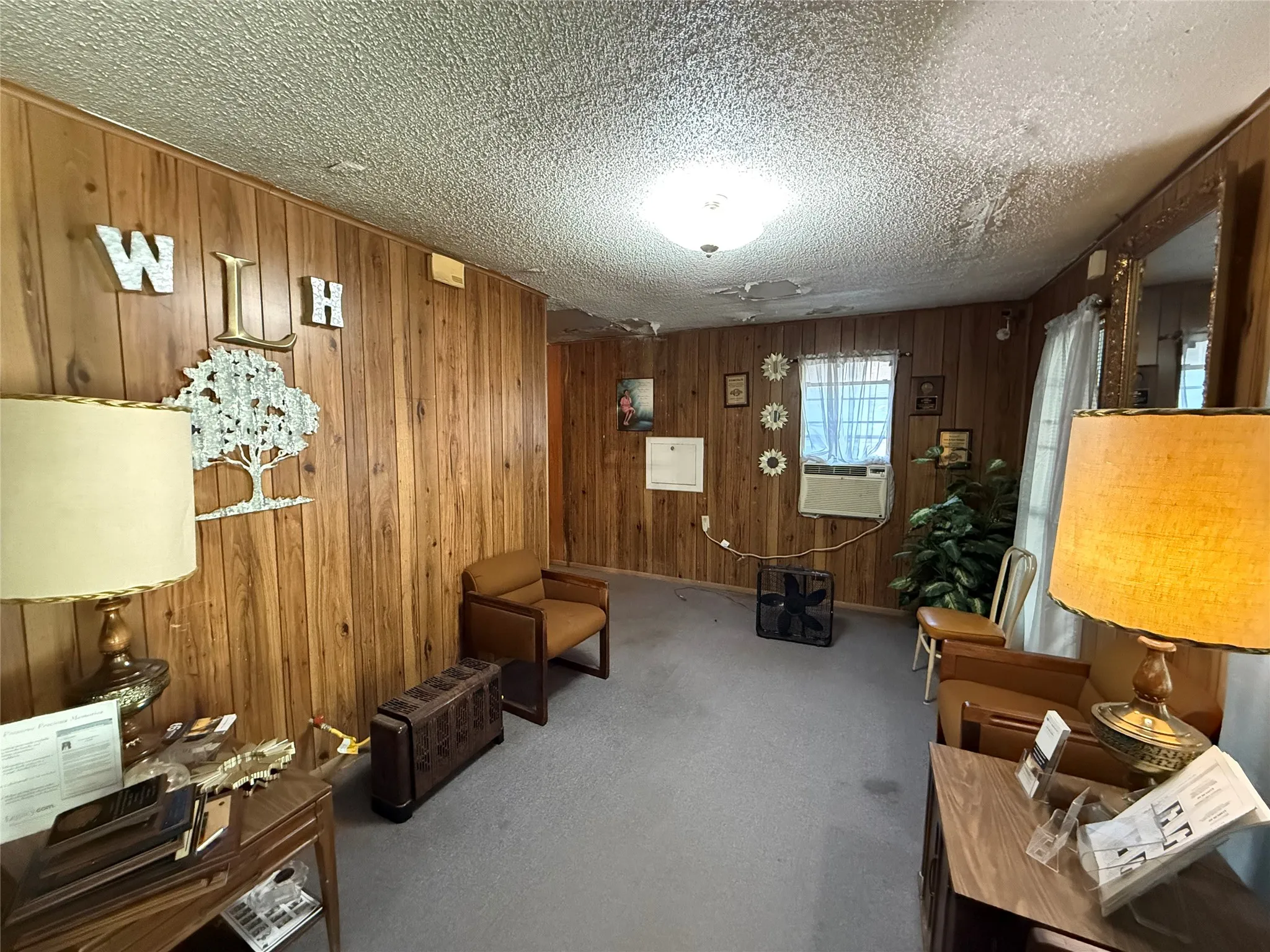 Living area with wood walls, carpet flooring, and a textured ceiling