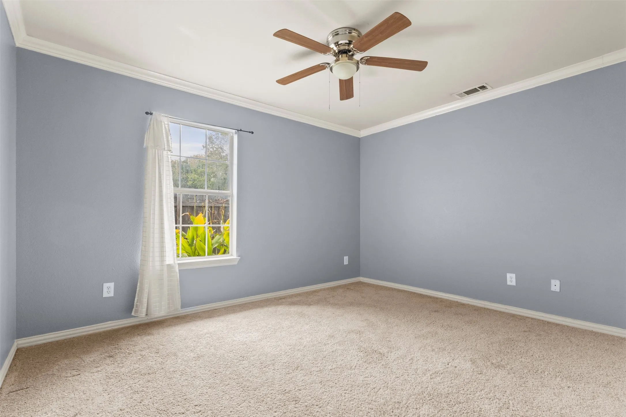 Spare room with crown molding, carpet floors, and a ceiling fan