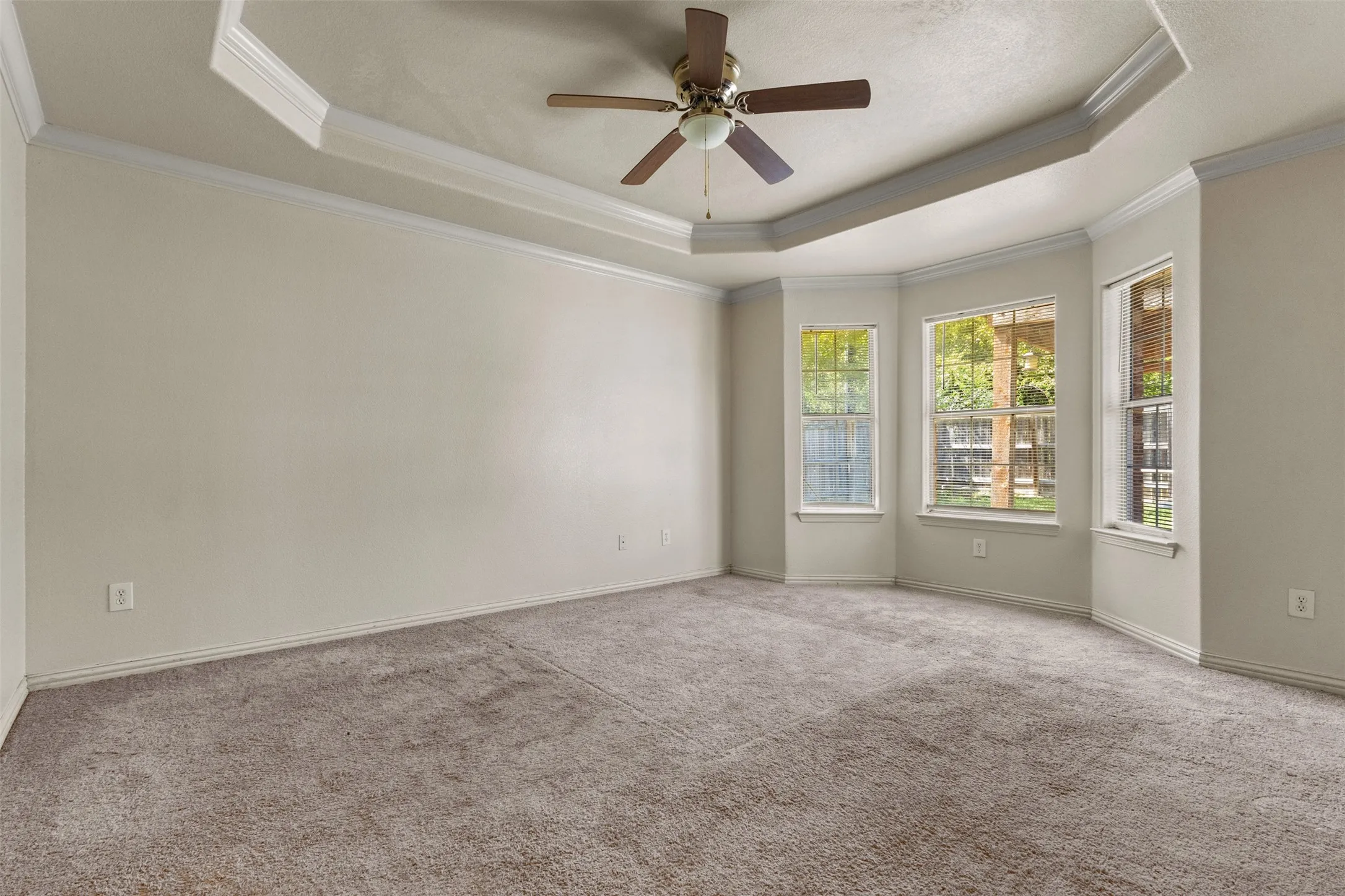 Carpeted empty room with a raised ceiling, crown molding, and a ceiling fan