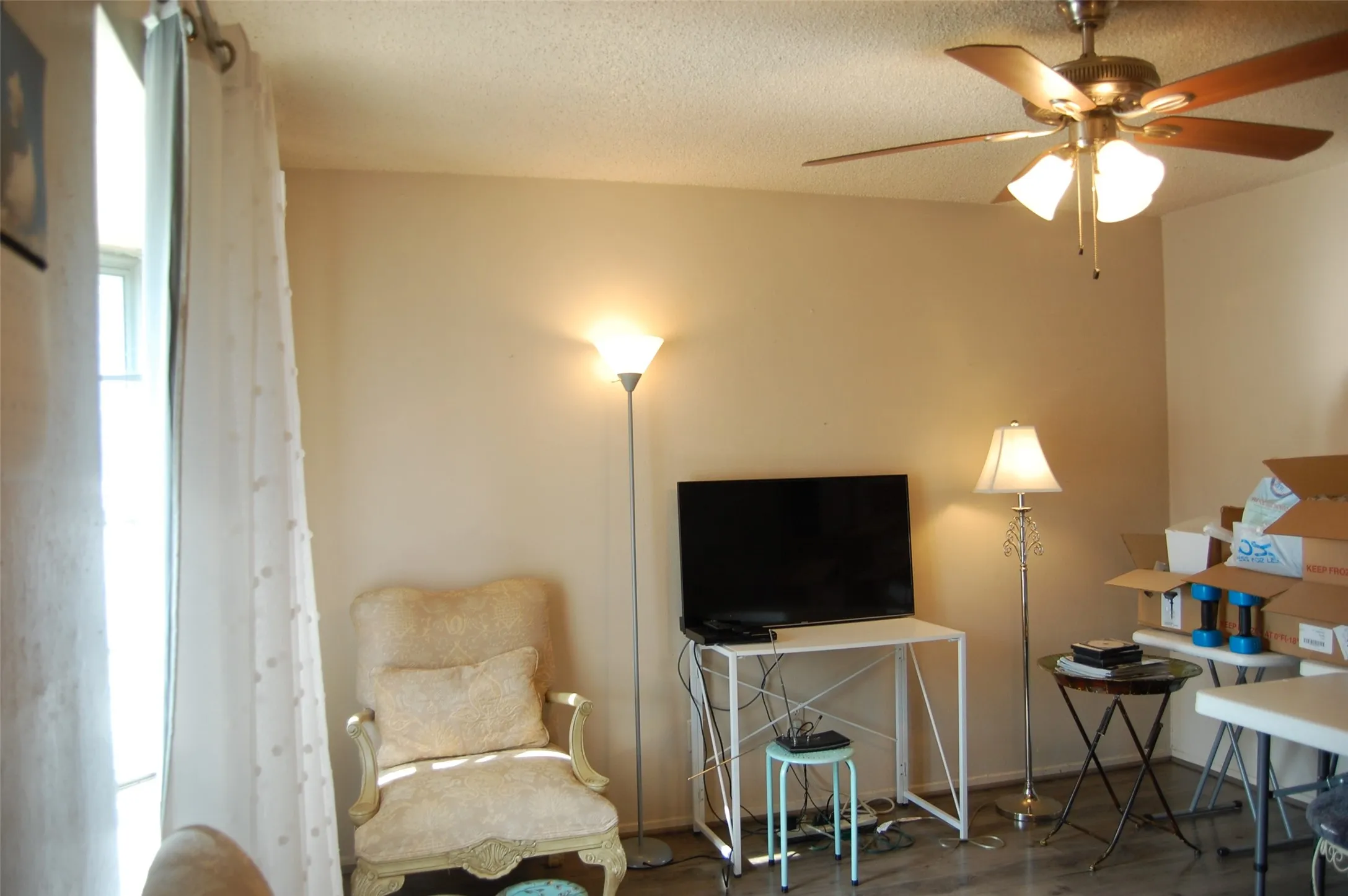 Sitting room featuring a ceiling fan, wood finished floors, and a textured ceiling