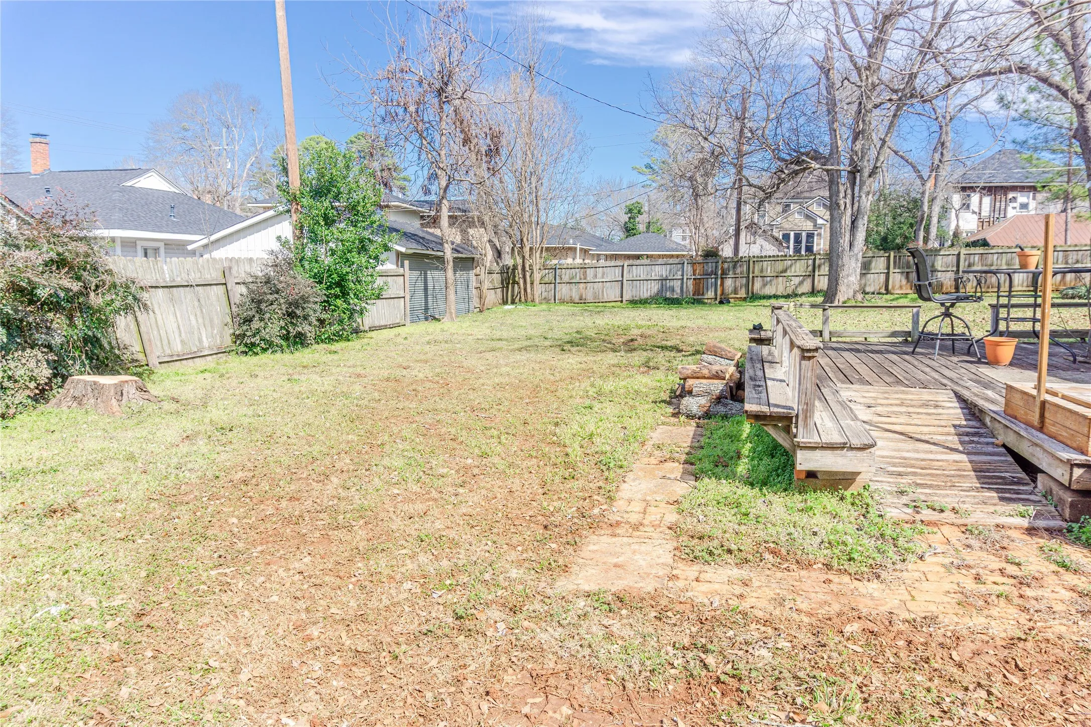 Fenced backyard featuring a deck