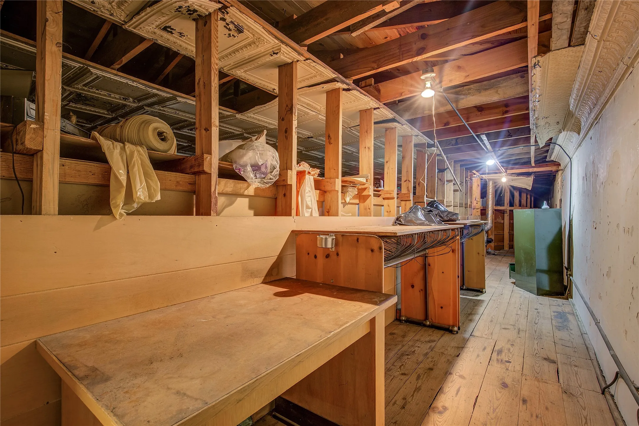 Storage racks and tables upstairs.