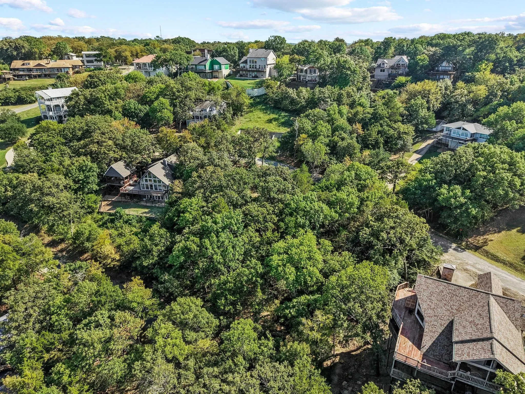 Aerial view of a heavily wooded area
