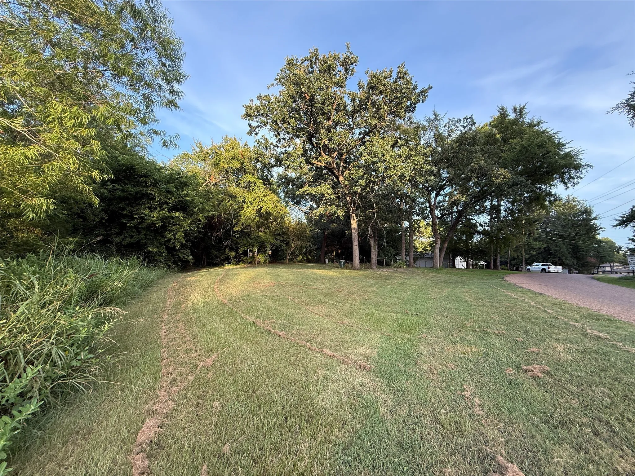 View of green lawn featuring view of wooded area