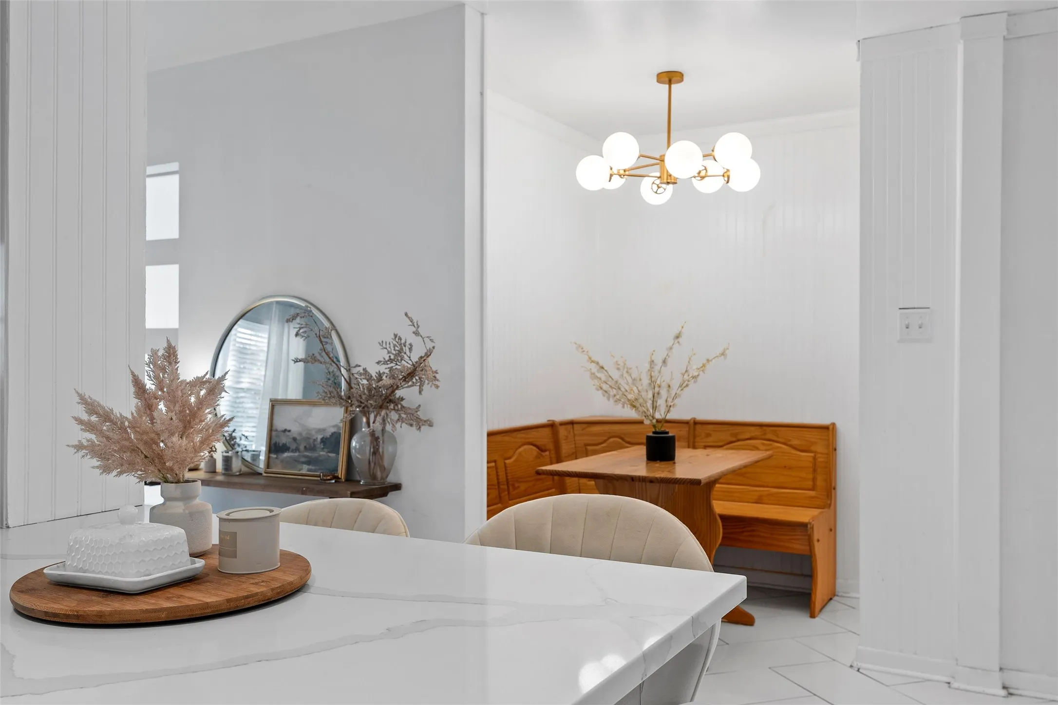 Dining space with a chandelier