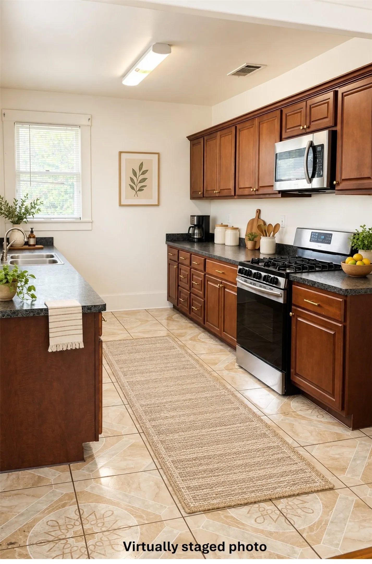 Virtually staged view view of kitchen with dark countertops, appliances with stainless steel finishes, dark brown cabinets, and light tile patterned floors