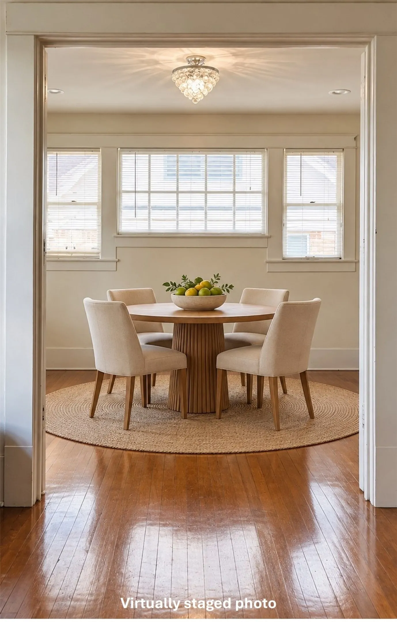 Virtually staged view of dining room from living room with hardwood / wood-style floors