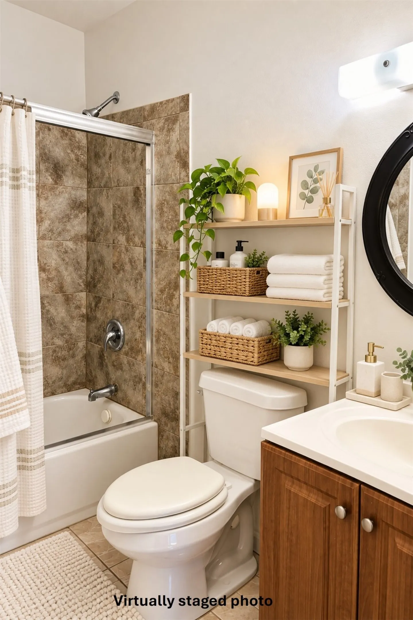 Virtually staged bathroom featuring bathing tub / shower combination, vanity, and tile patterned flooring