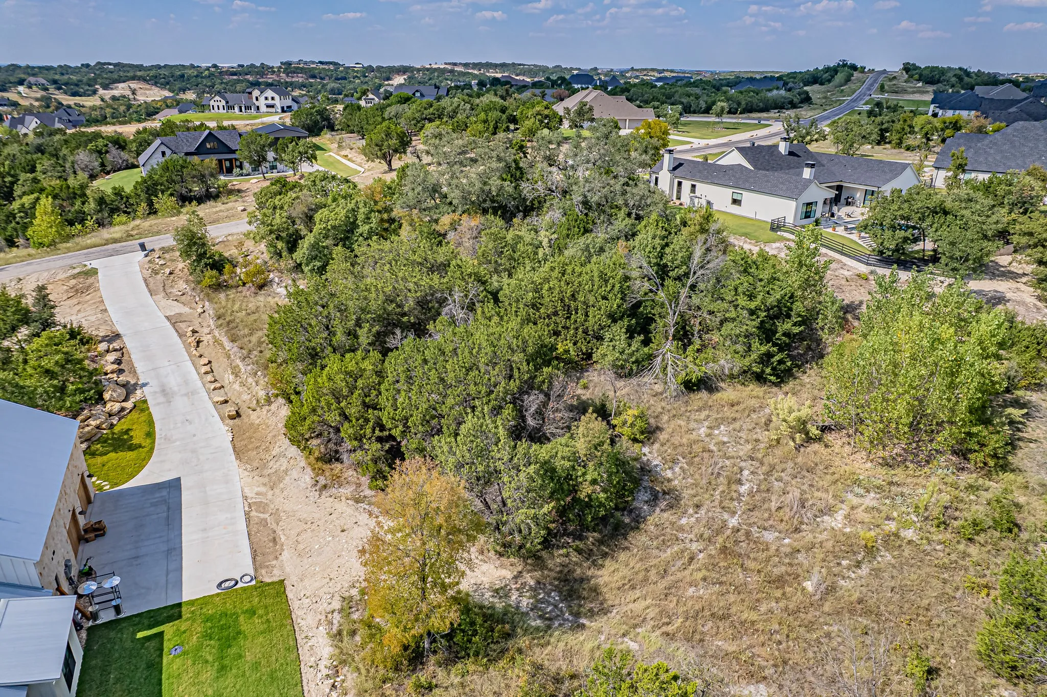 Aerial perspective of suburban area featuring a tree filled landscape