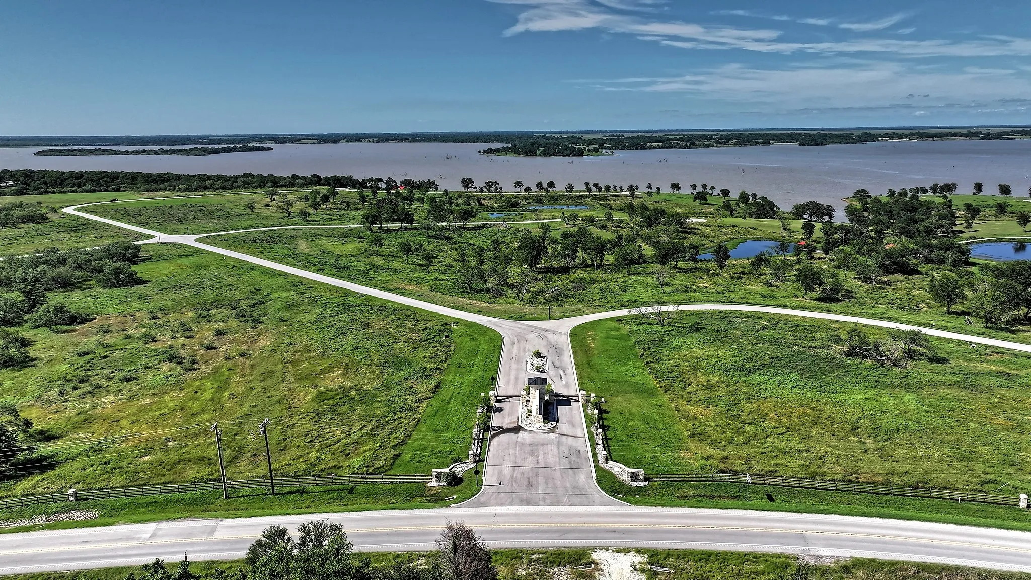 Aerial view of a nearby body of water