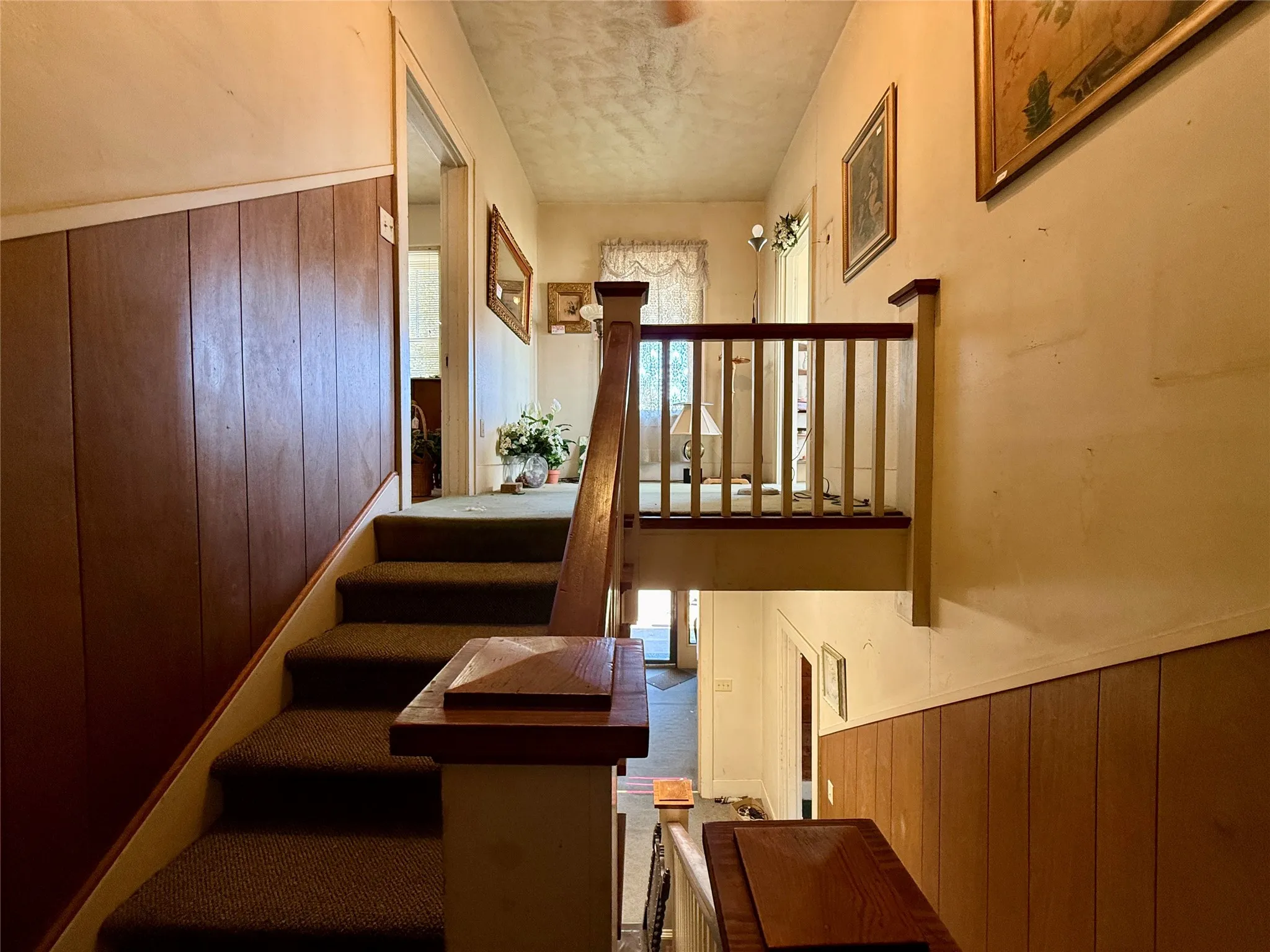 Stairs featuring wooden walls, wainscoting, and carpet
