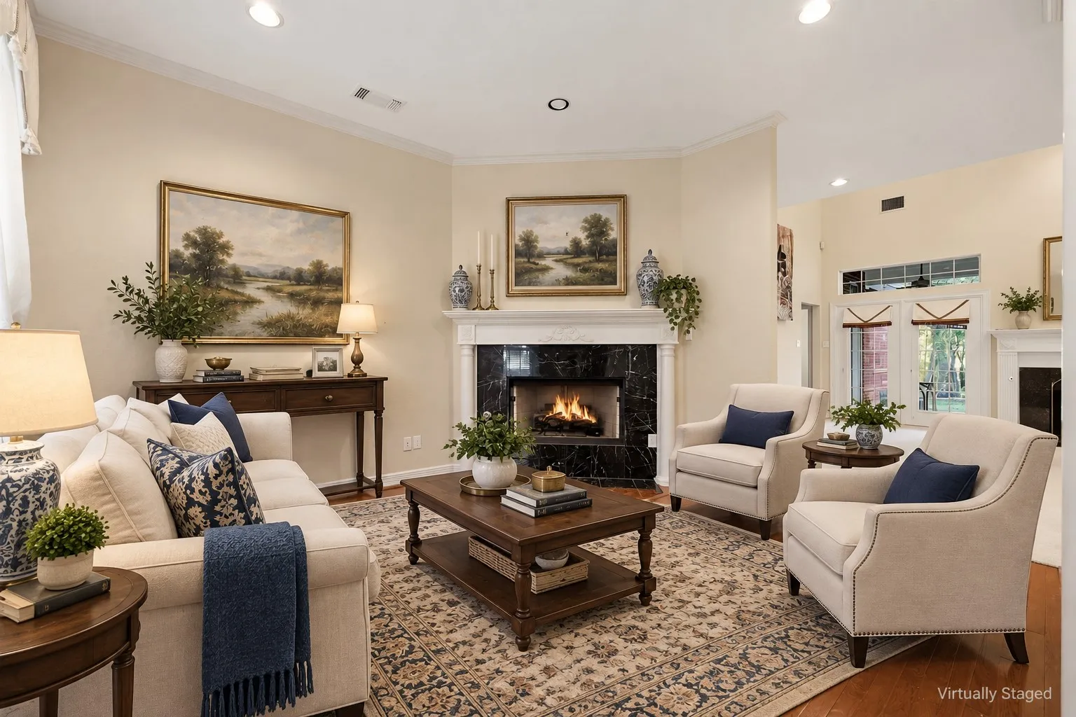Angled fireplace with a black stone surround and white mantel, recessed lighting, hardwood flooring, and crown molding