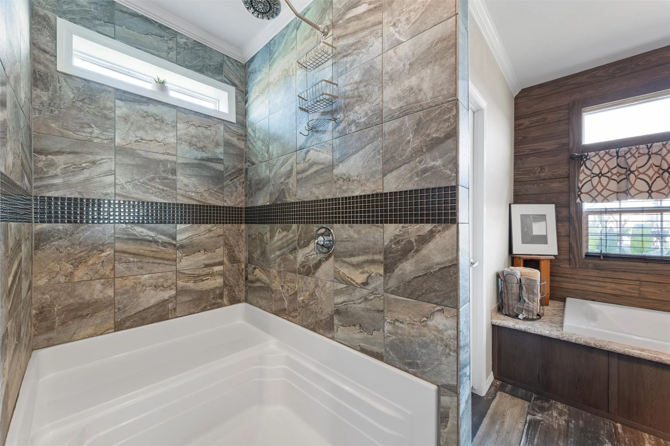 Full bath featuring a stall shower, a garden tub, crown molding, and wood finished​​‌​​​​‌​​‌‌​‌‌​​​‌‌​‌​‌​‌​​​‌​​ floors
