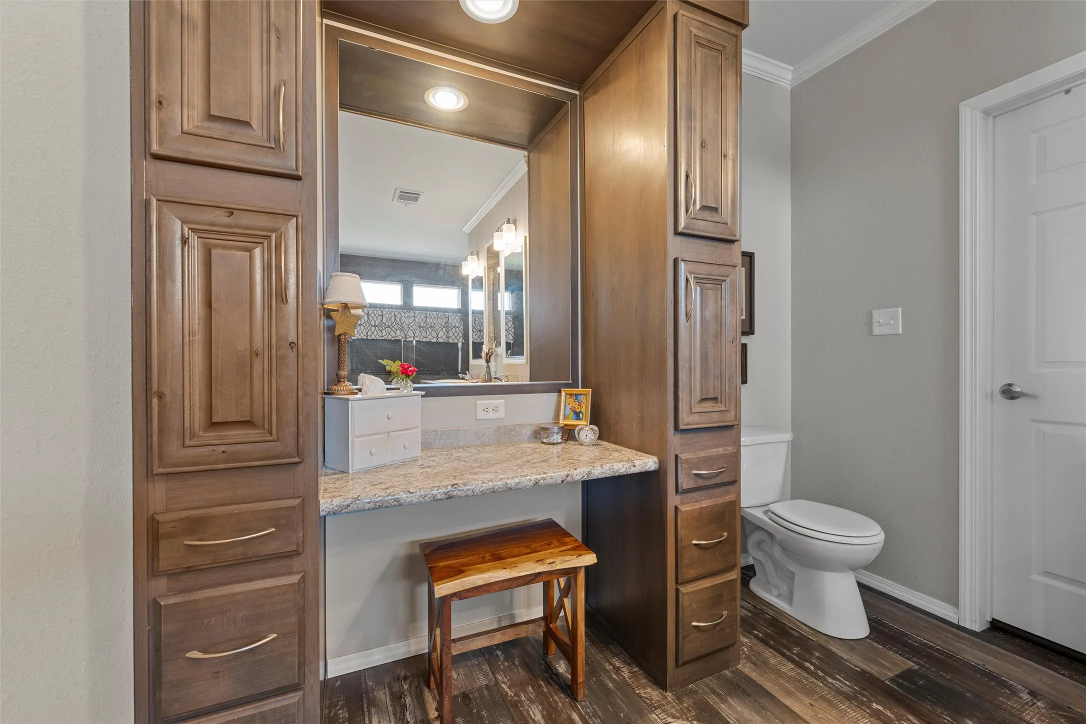 Bathroom featuring dark wood-style floors, crown molding, and vanity