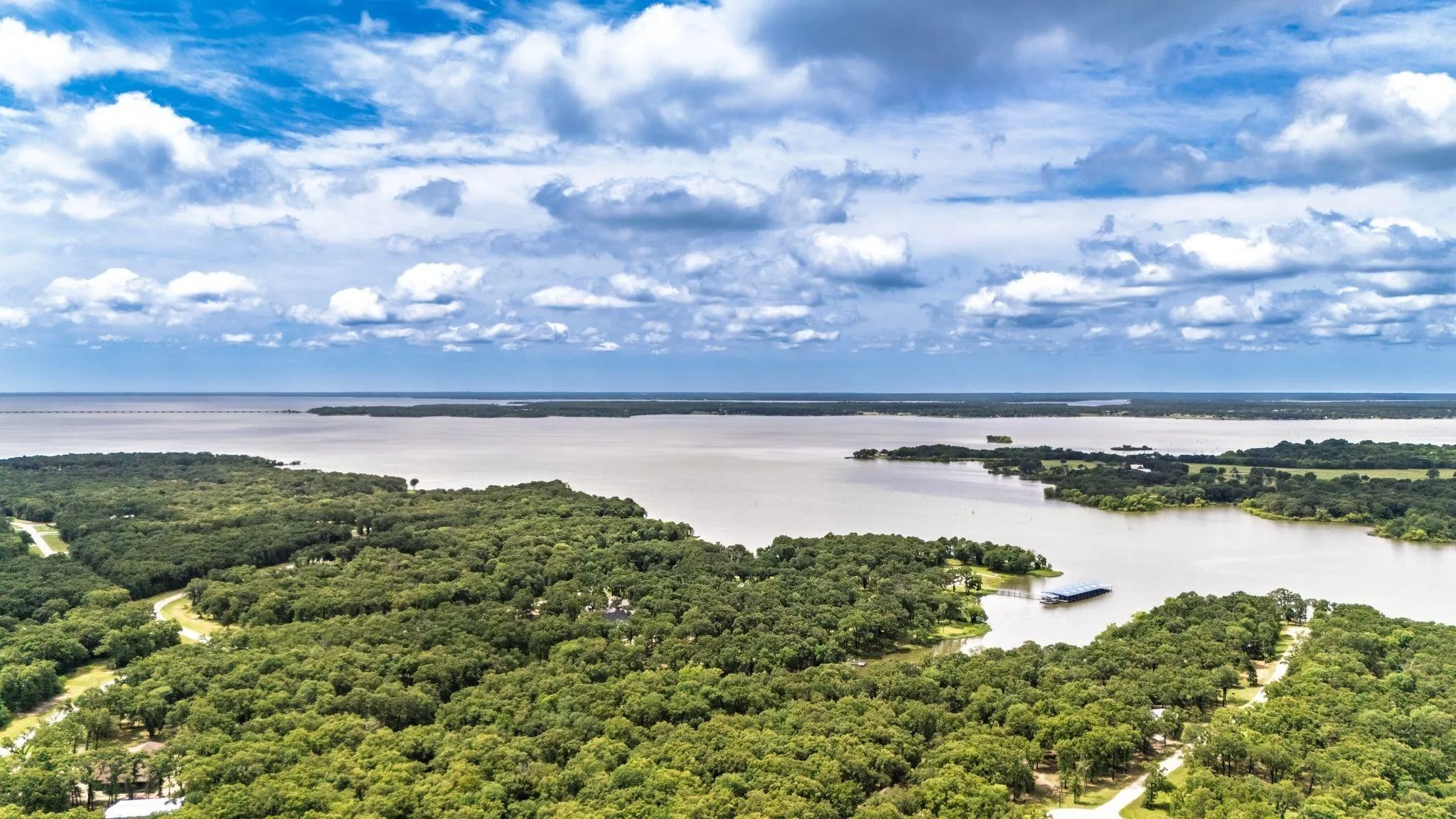 Bird's eye view of a nearby body of water and a forest