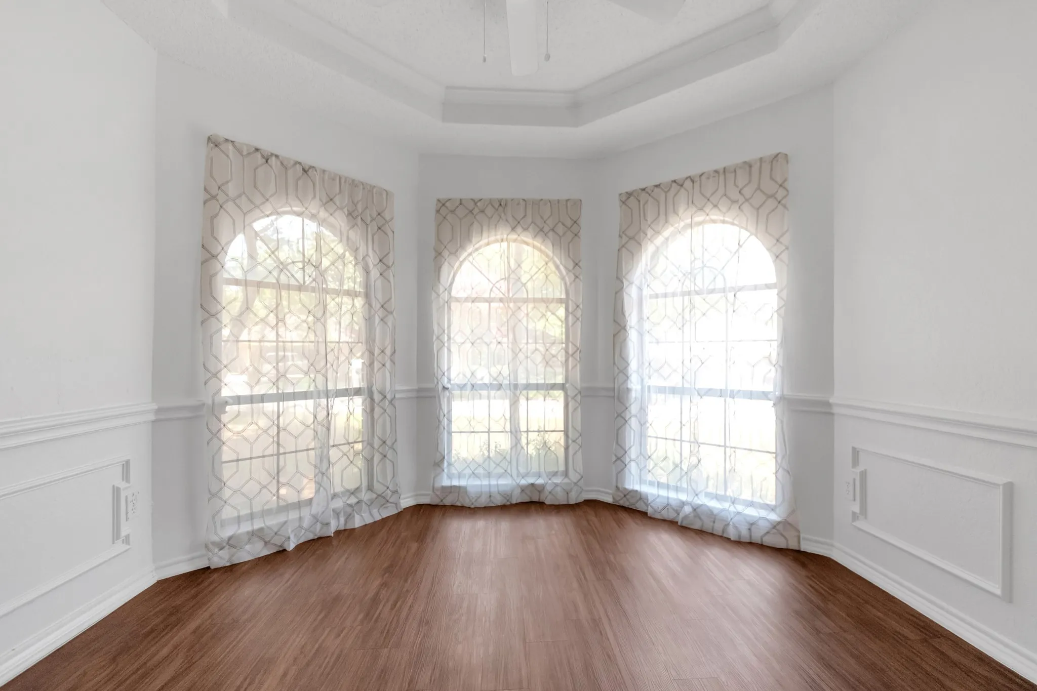 Bay window featuring three arched windows with sheer patterned curtains, wood-finish flooring, white wainscoting, and a tray ceiling