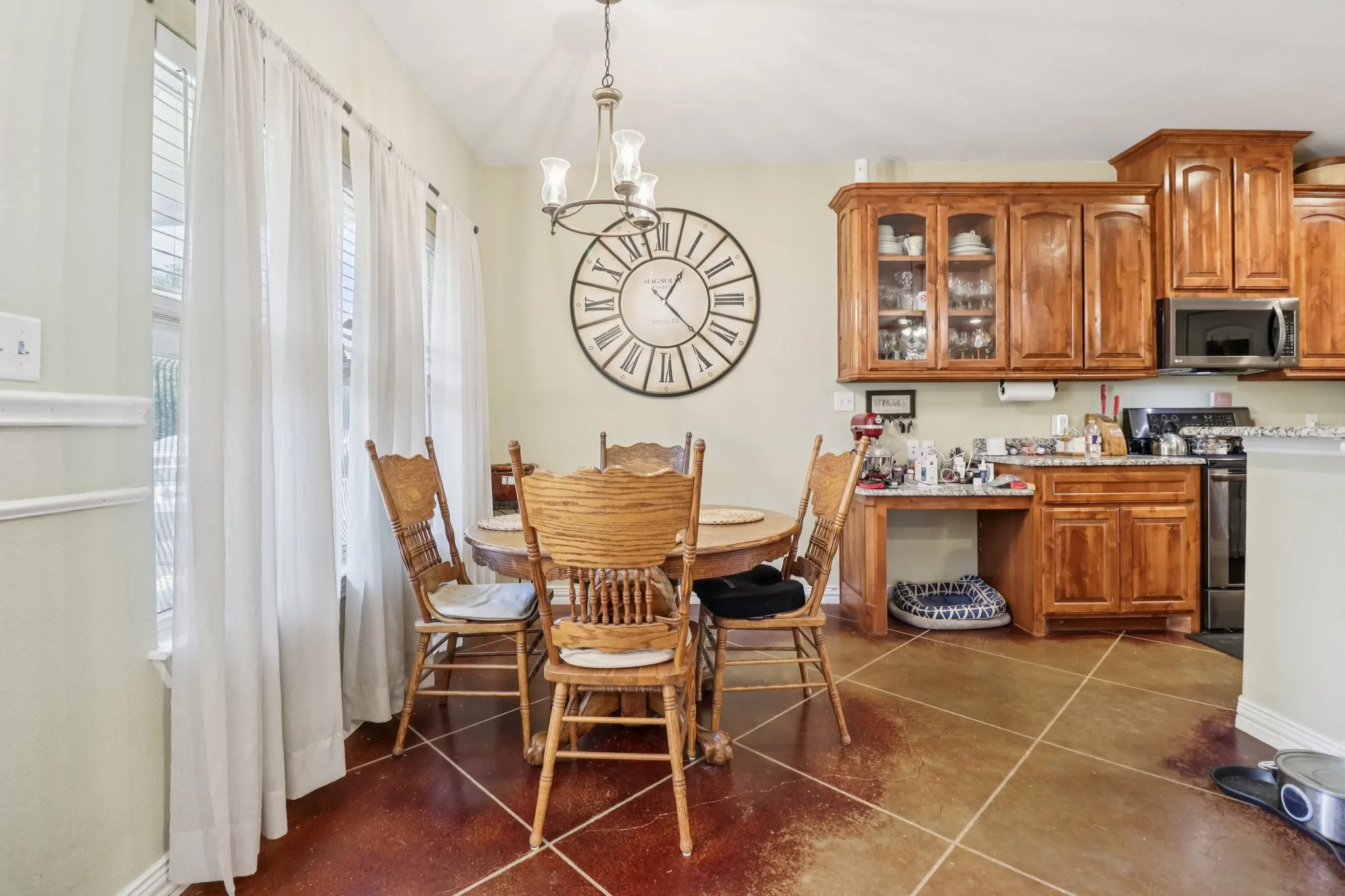 Located just off the kitchen