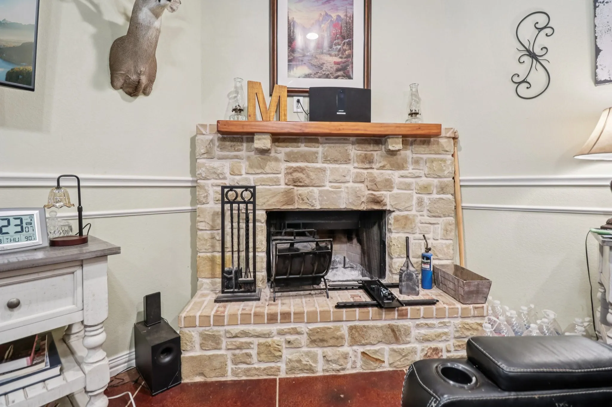 Stone wood burning fireplace.
