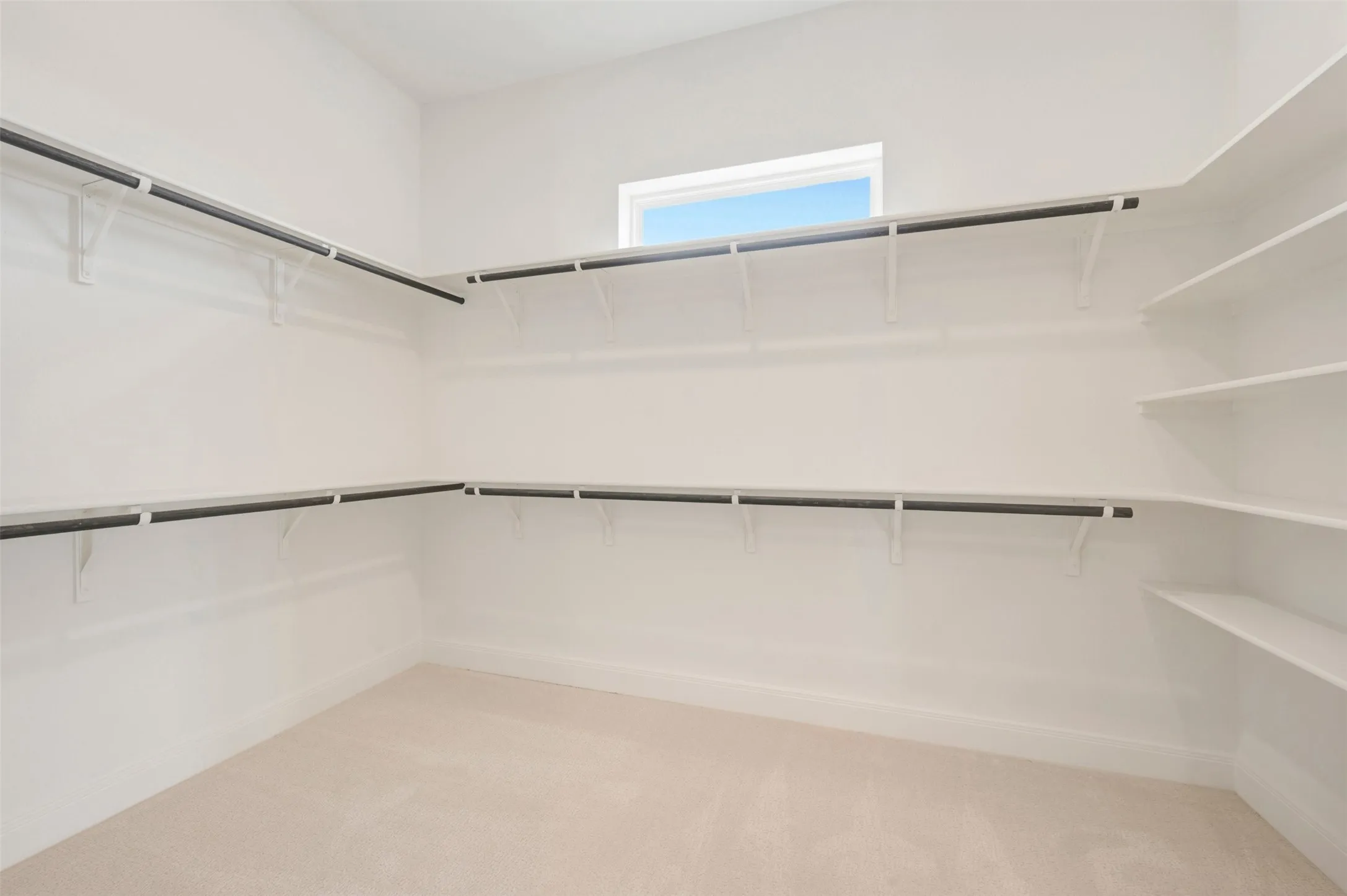Spacious walk-in closet featuring extensive shelving and hanging rods